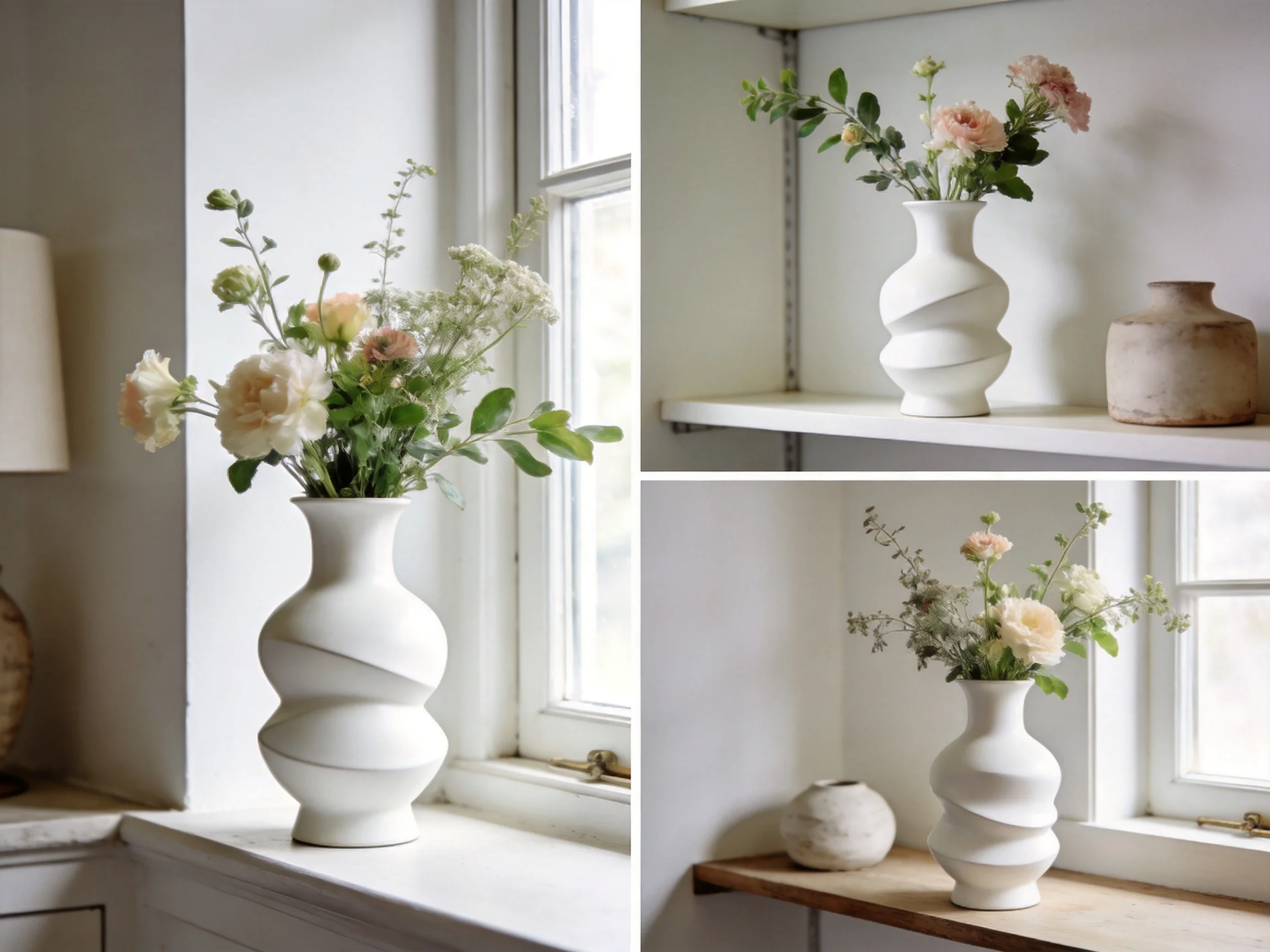 Three scenes of white twisted vases with floral arrangements