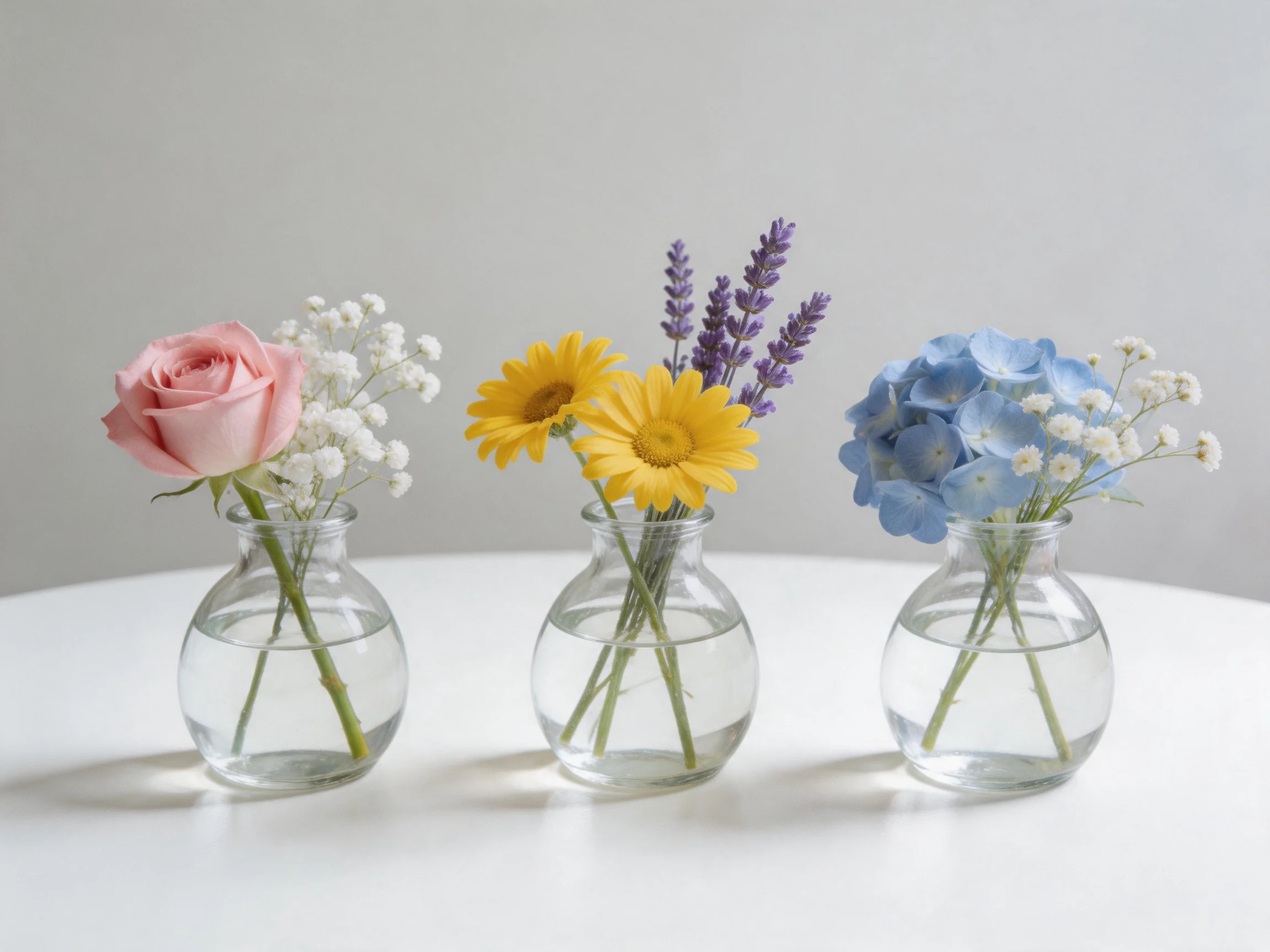 Three small glass vases hold assorted colorful flower arrangements