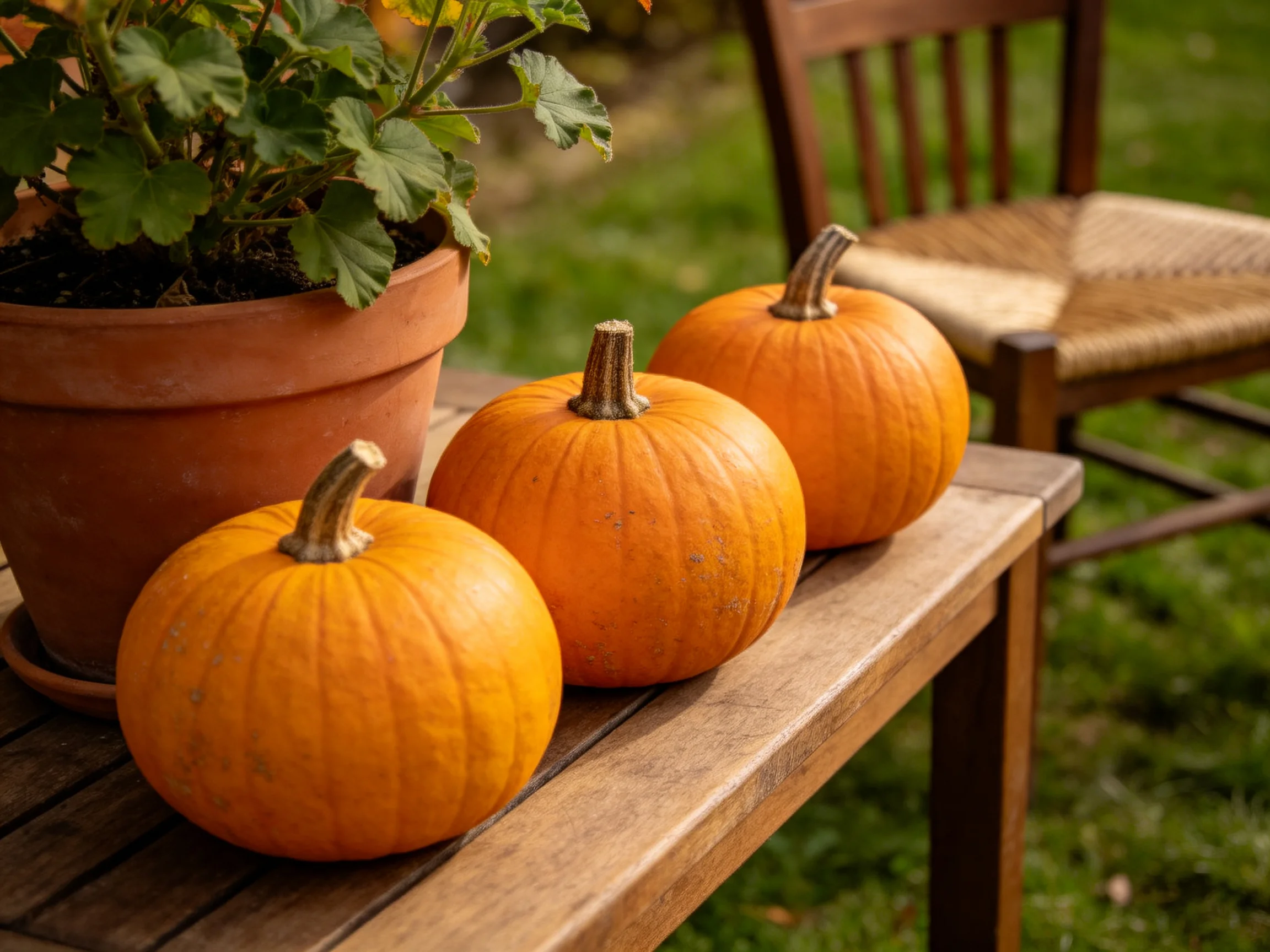 Three small orange pumpkins sit on a wooden table near a terracotta planter