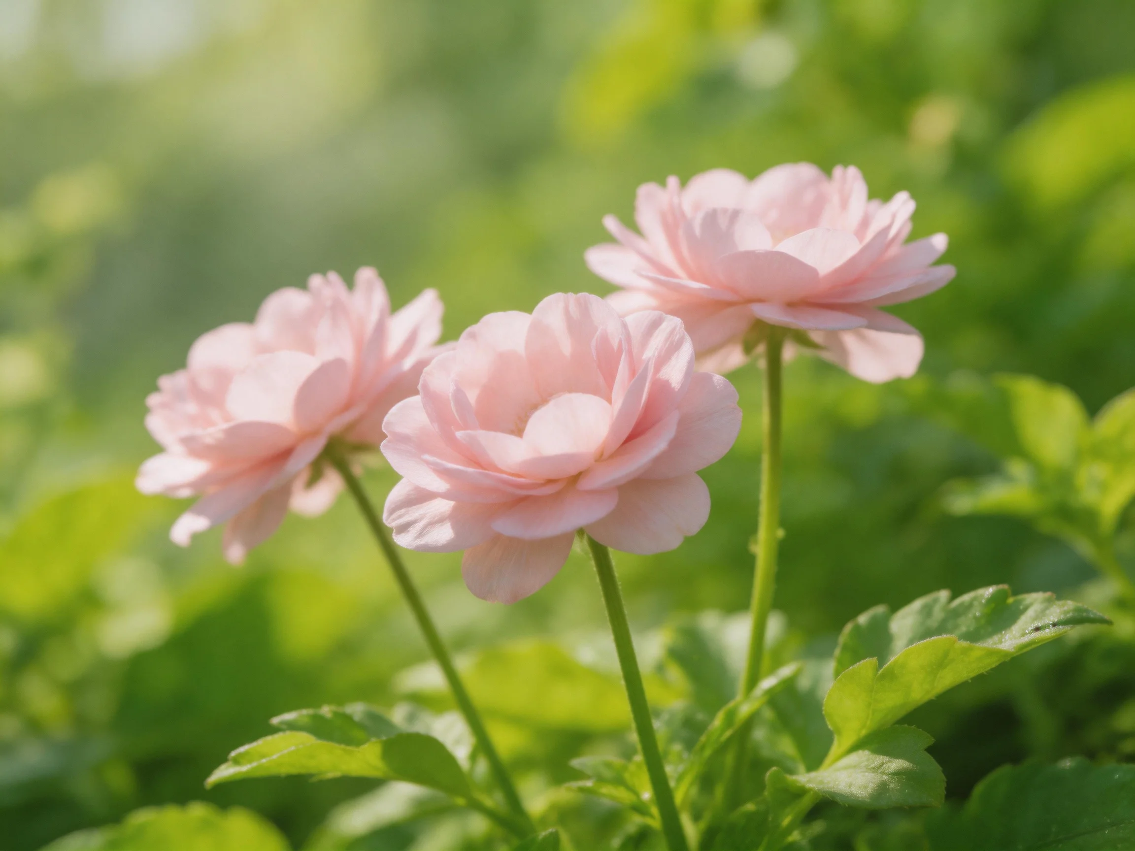 Three soft pink blooms stand among lush green foliage