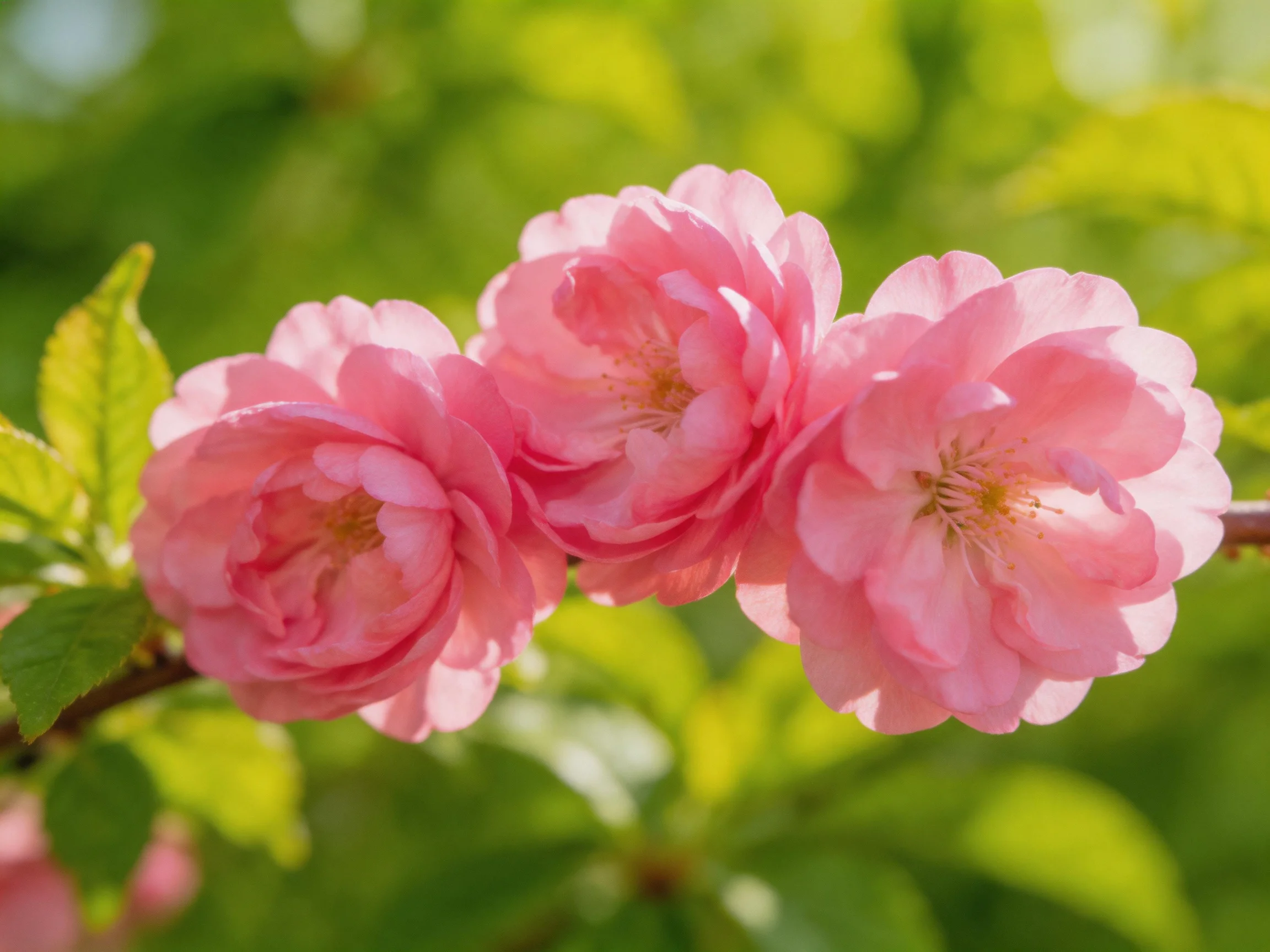 Three soft pink blooms with lush green foliage in the background