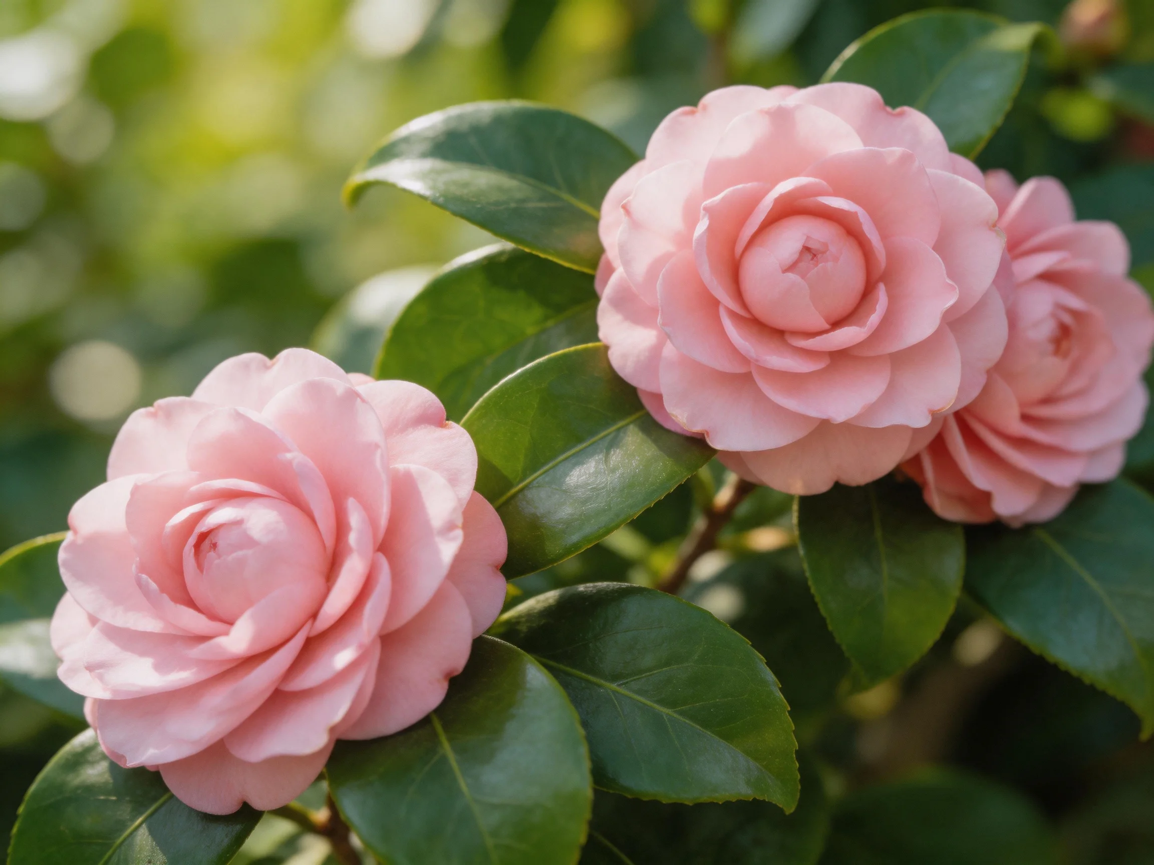 Three soft pink camellias bloom among glossy green leaves in a sunlit garden