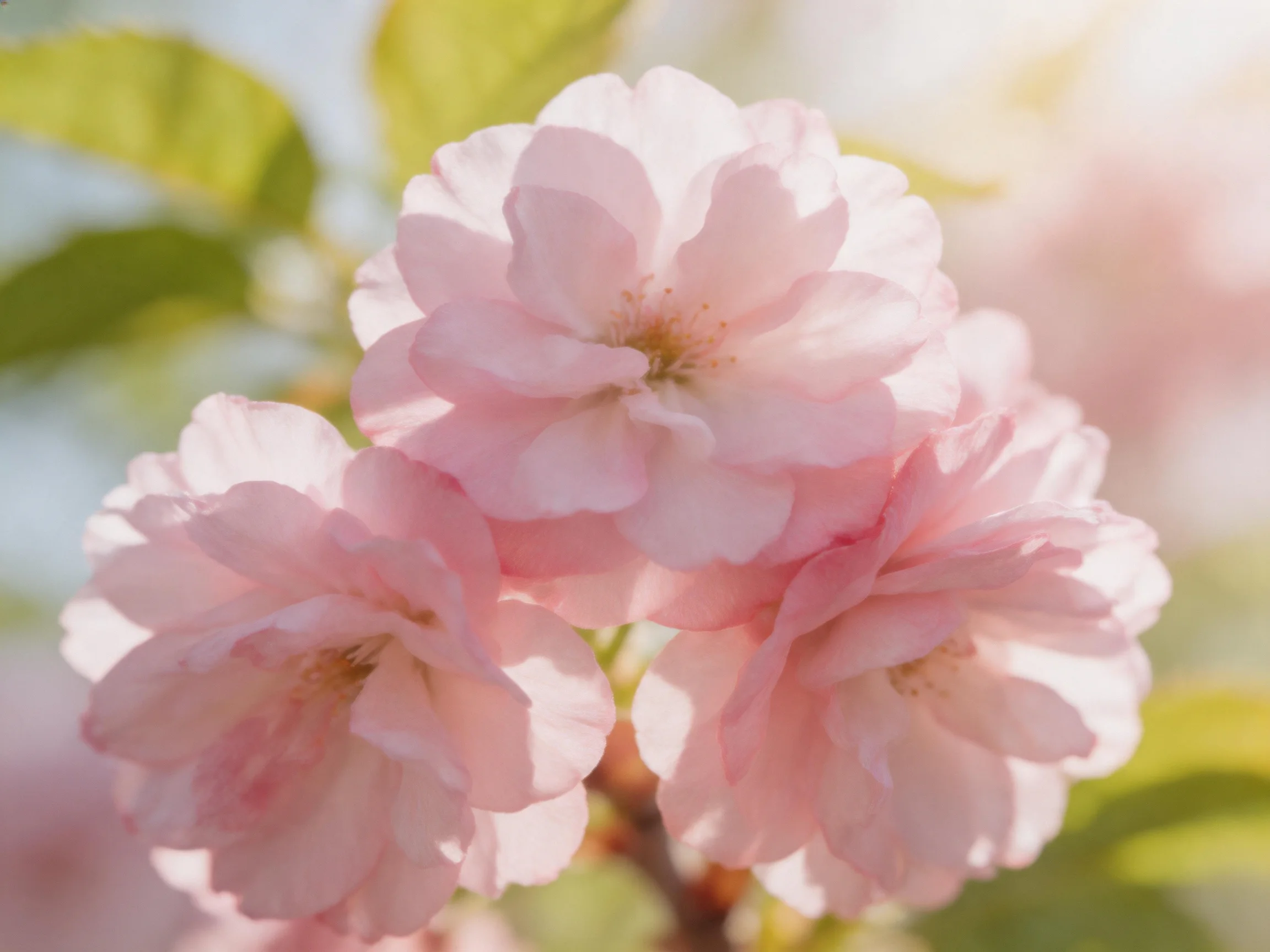 Three soft pink cherry blossom blooms with green foliage in sunlight
