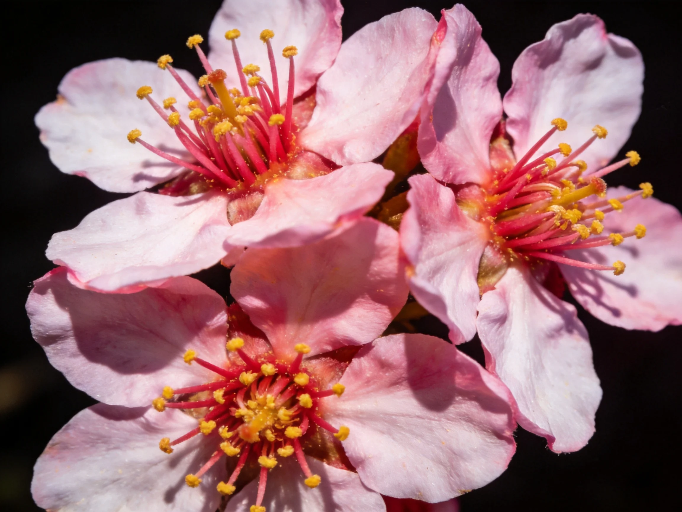 Three soft pink cherry blossoms with bright stamens