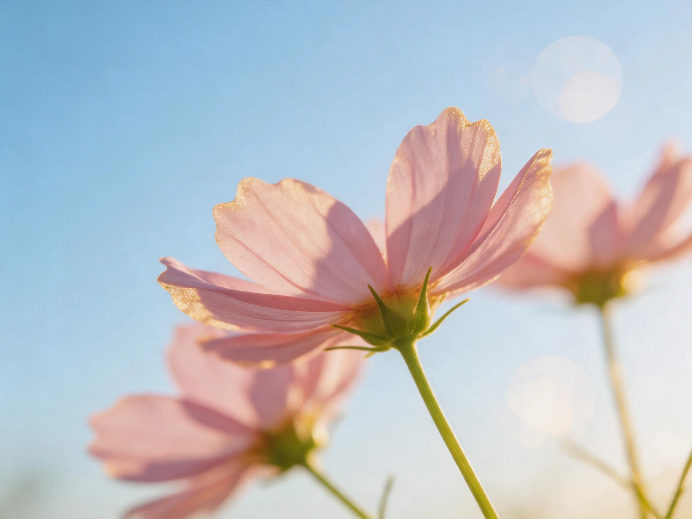 Three soft pink cosmos blooms against a clear blue sky