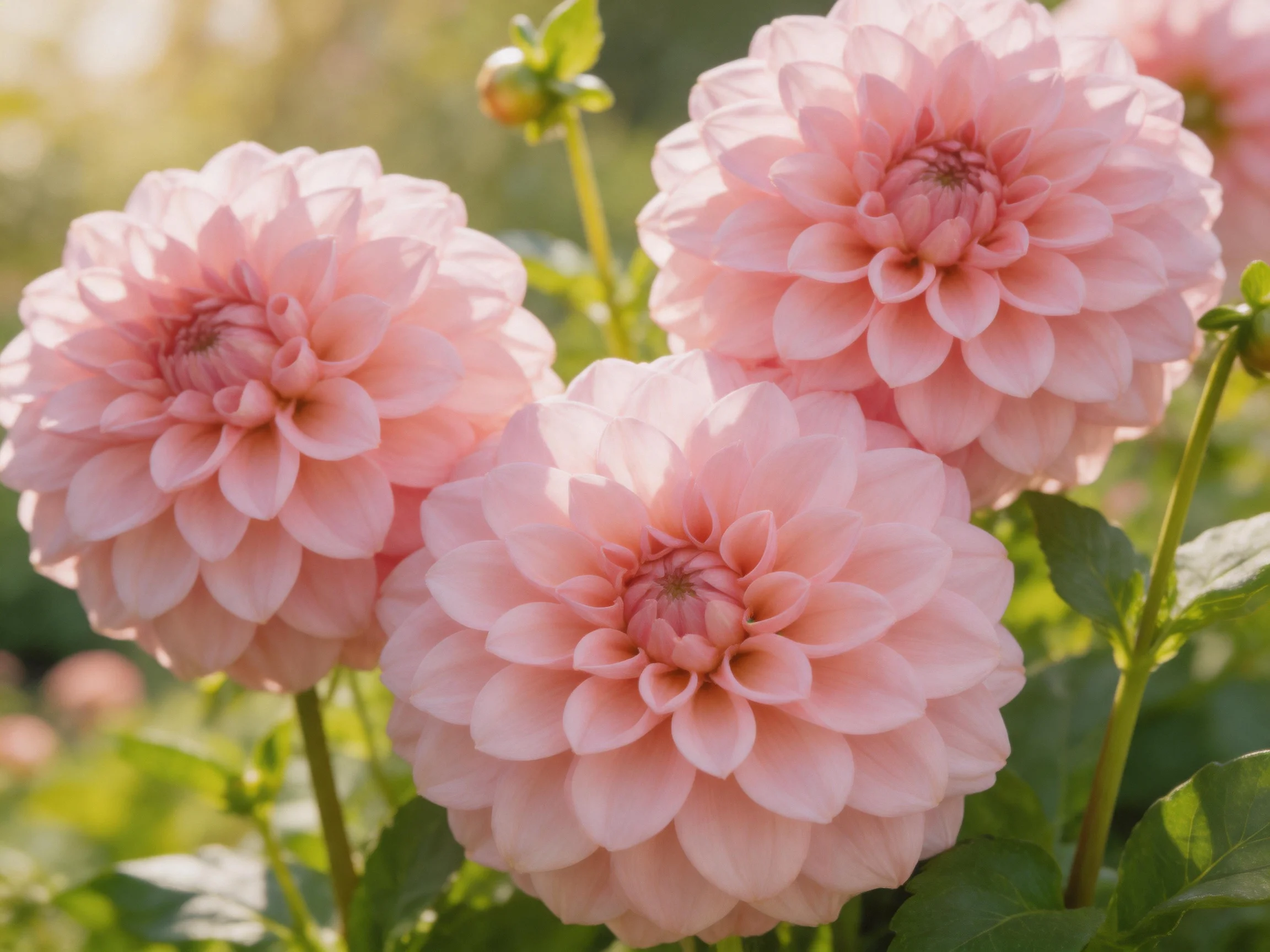 Three soft pink dahlia blooms clustered in a sunlit garden