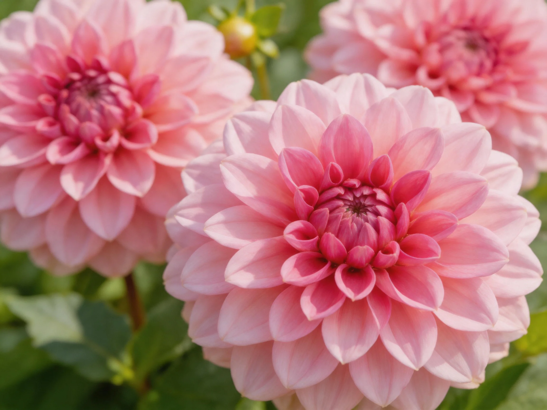 Three soft pink dahlia blooms with layered petals in a garden
