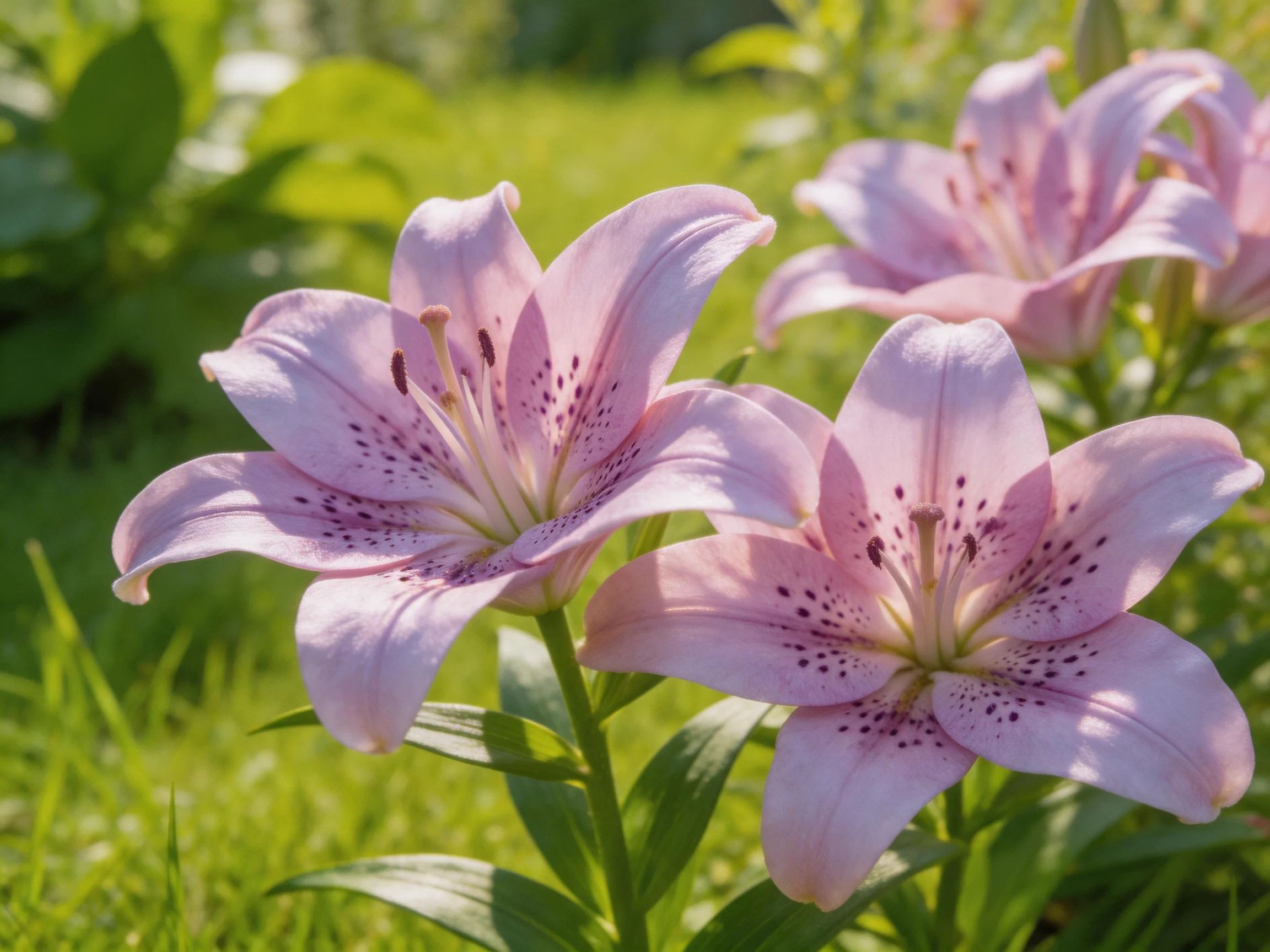 Three soft pink lilies with spotted petals in a sunlit garden