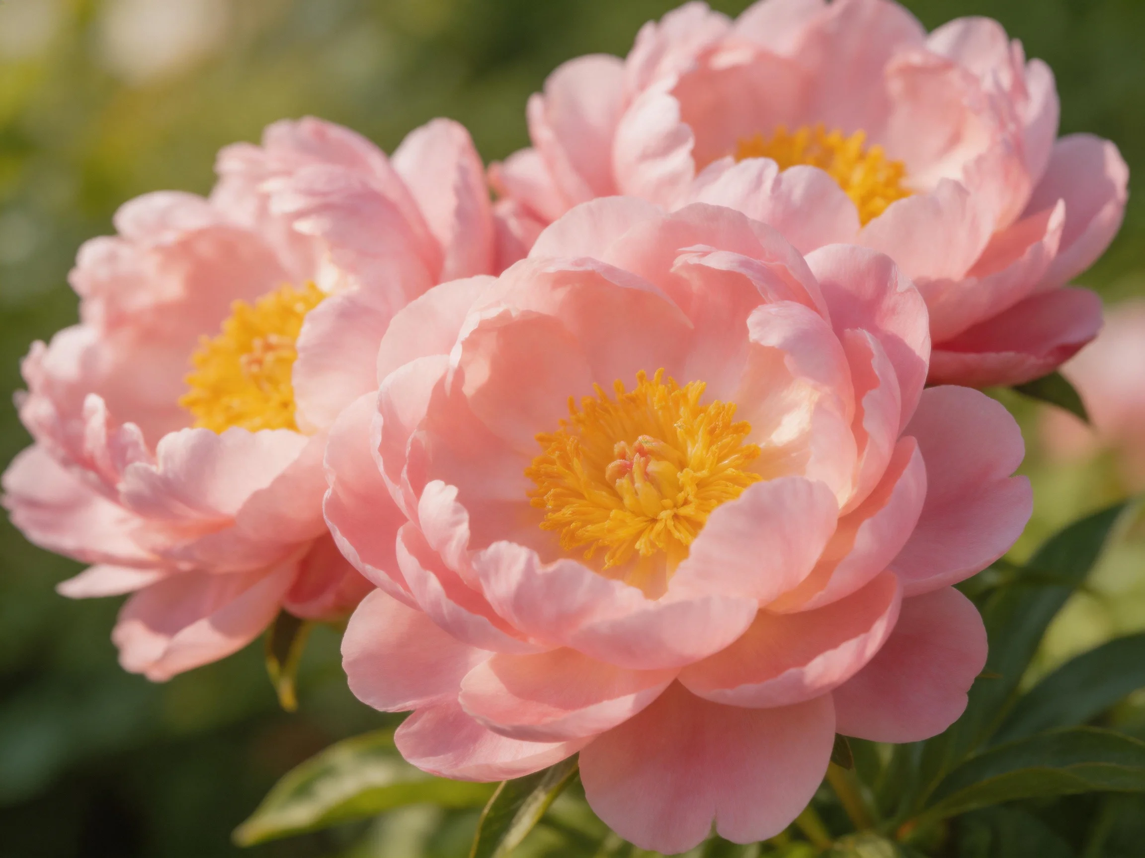 Three soft pink peonies with bright yellow centers bloom among green foliage.