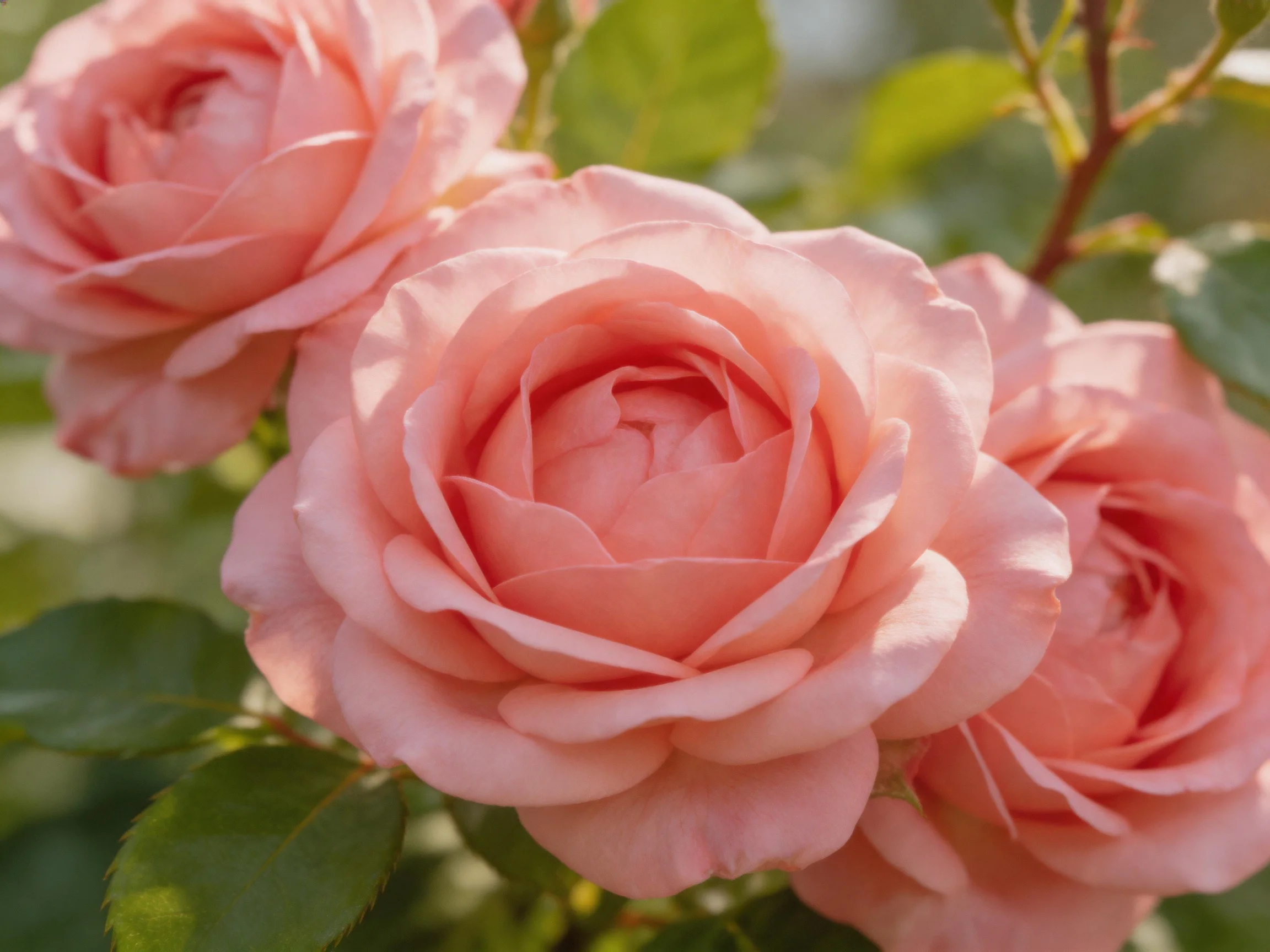 Three soft pink roses bloom amid lush green leaves