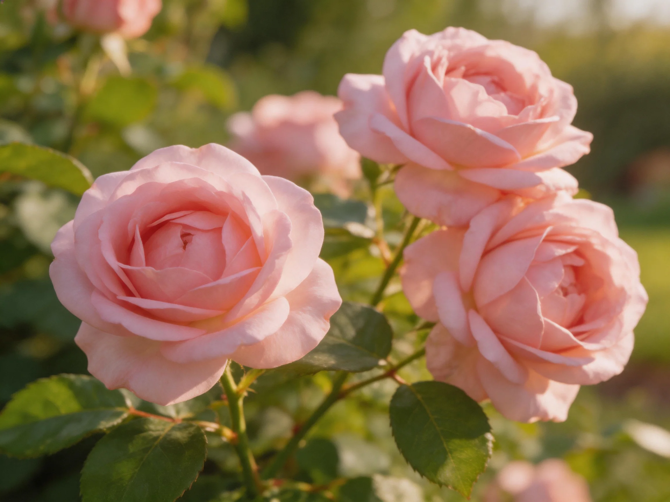 Three soft pink roses bloom among green foliage in bright sunlight