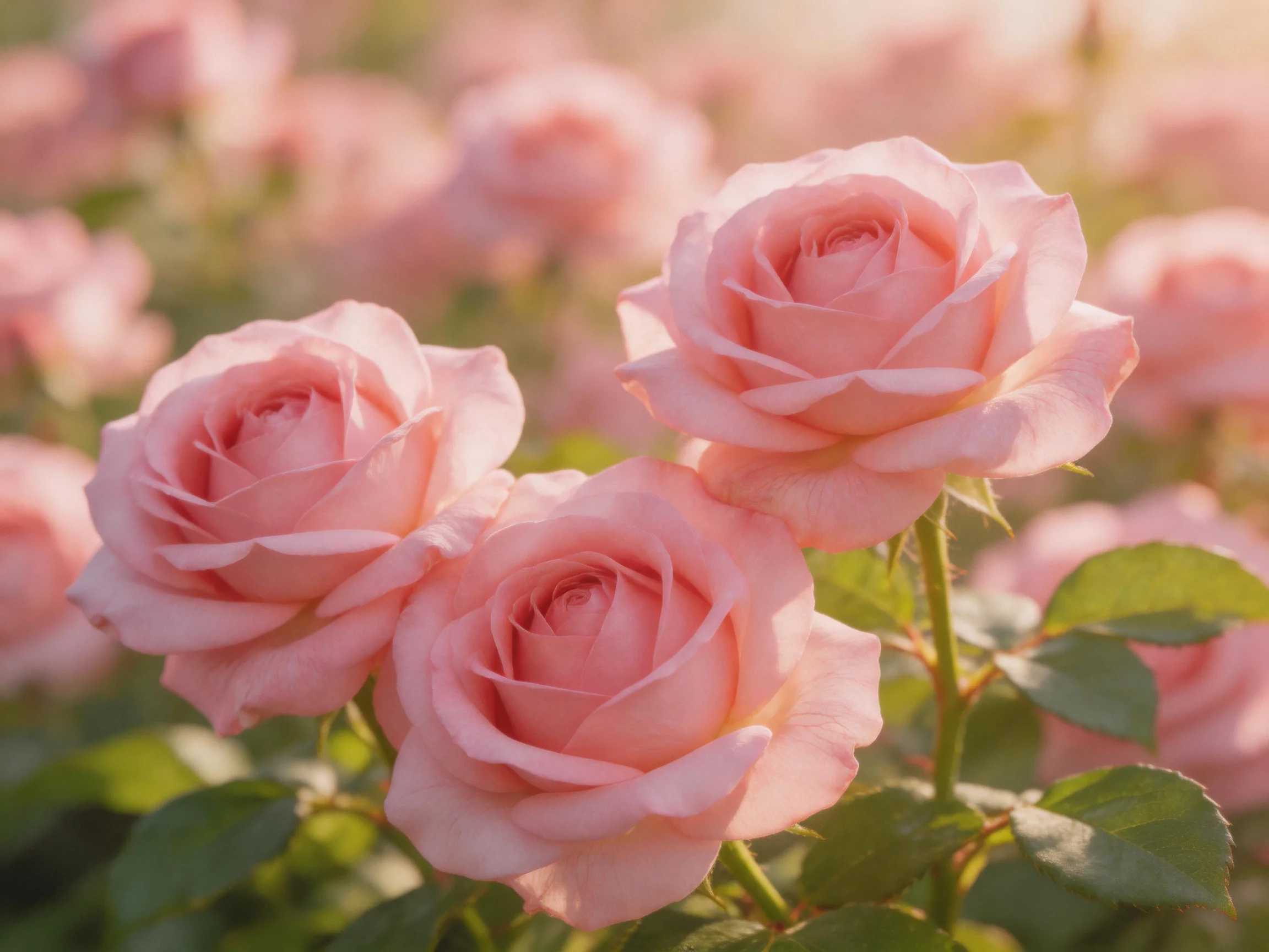 Three soft pink roses bloom among numerous similar flowers