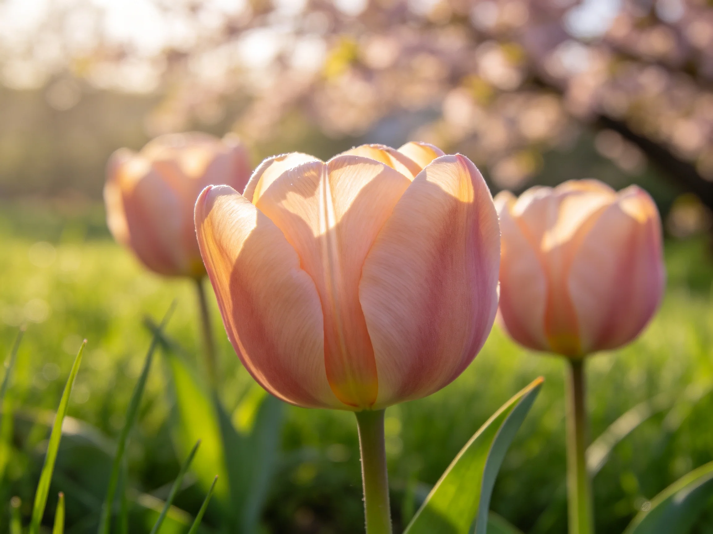 Three soft pink tulips bloom in a sun-dappled green meadow