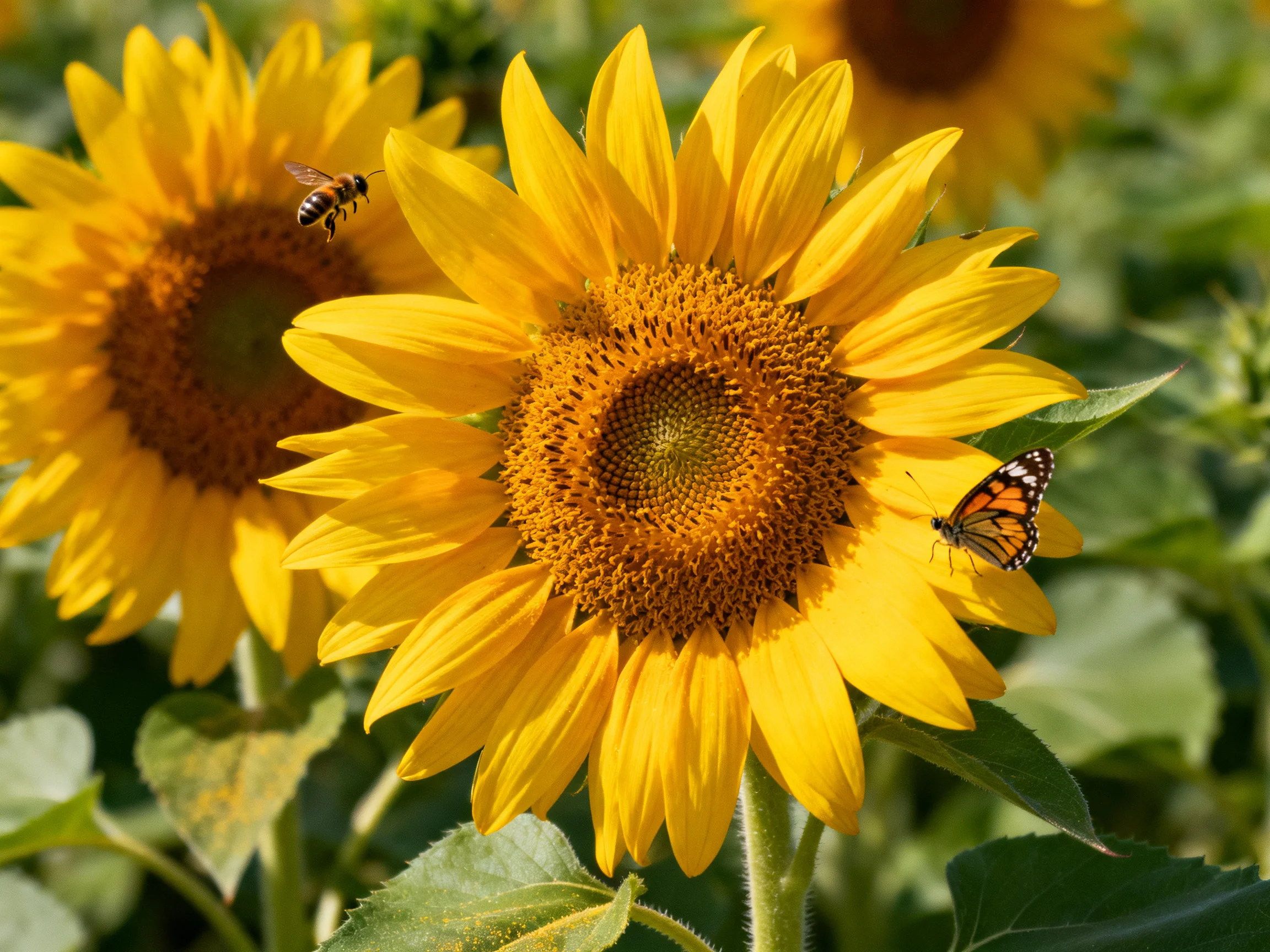 Three sunflowers, bees, and a butterfly in a sunny garden