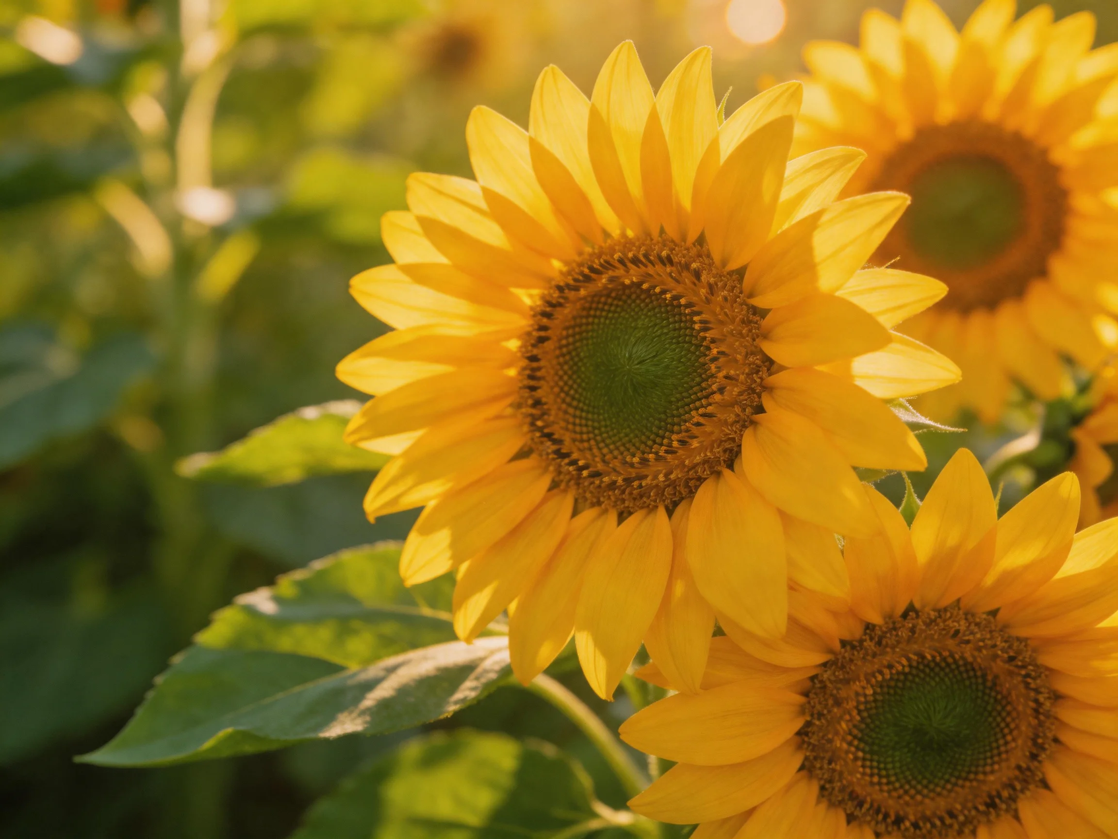 Three sunflowers bloom vibrantly amid lush green foliage