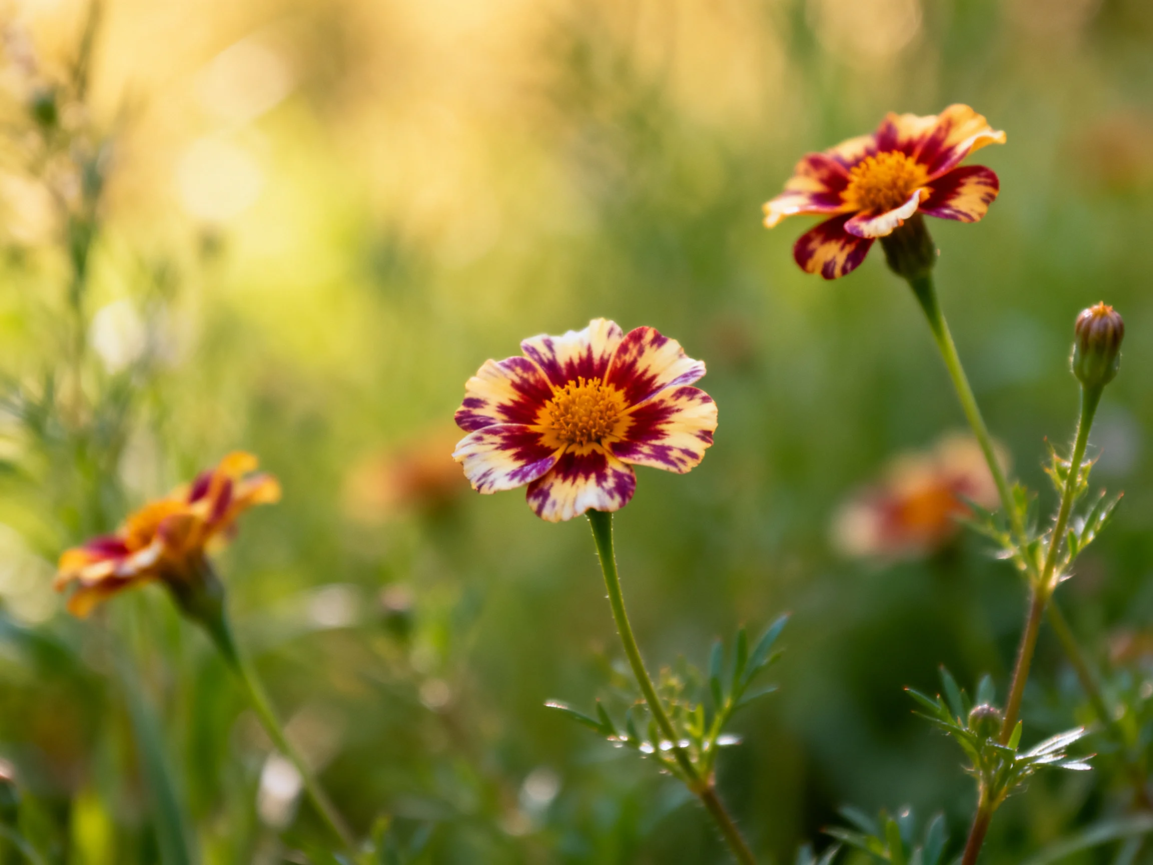 Three variegated marigolds bloom amid soft green foliage