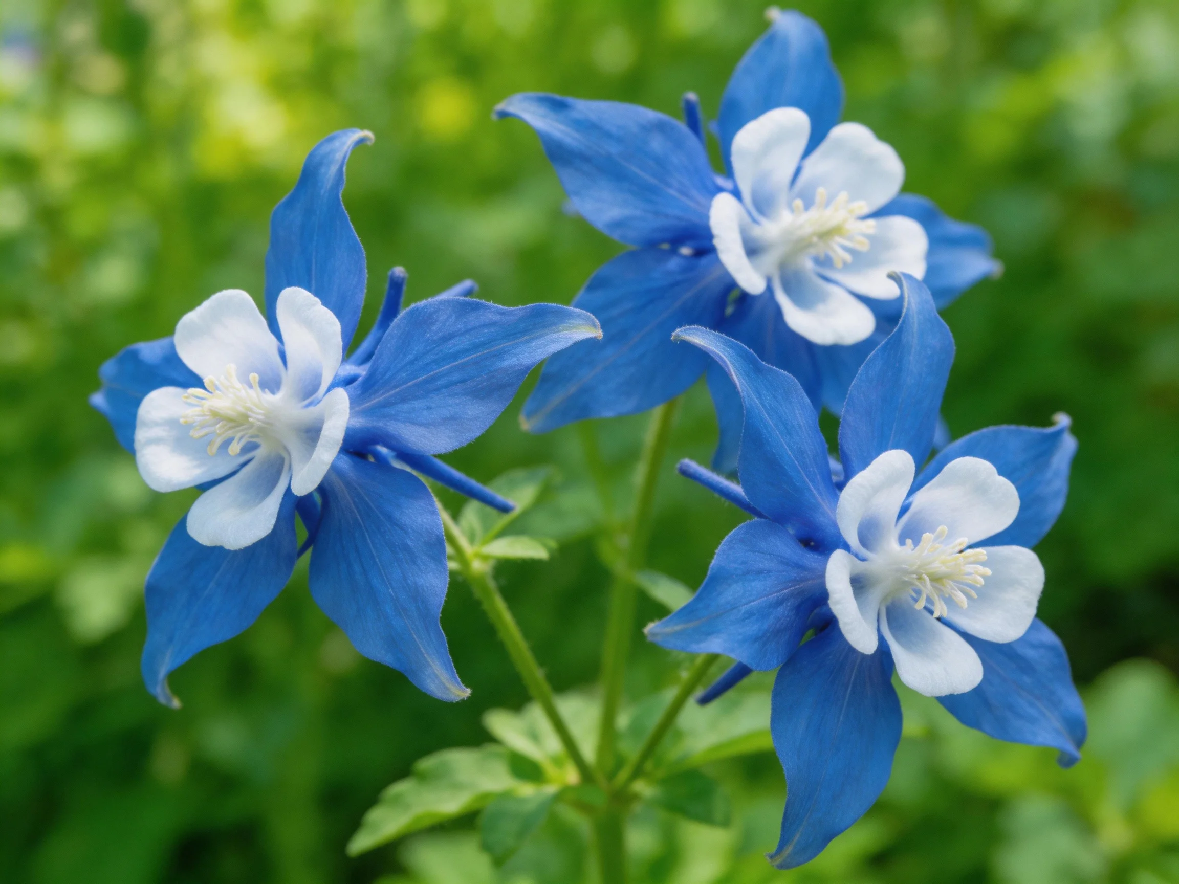 Three vibrant blue columbine flowers with white accents