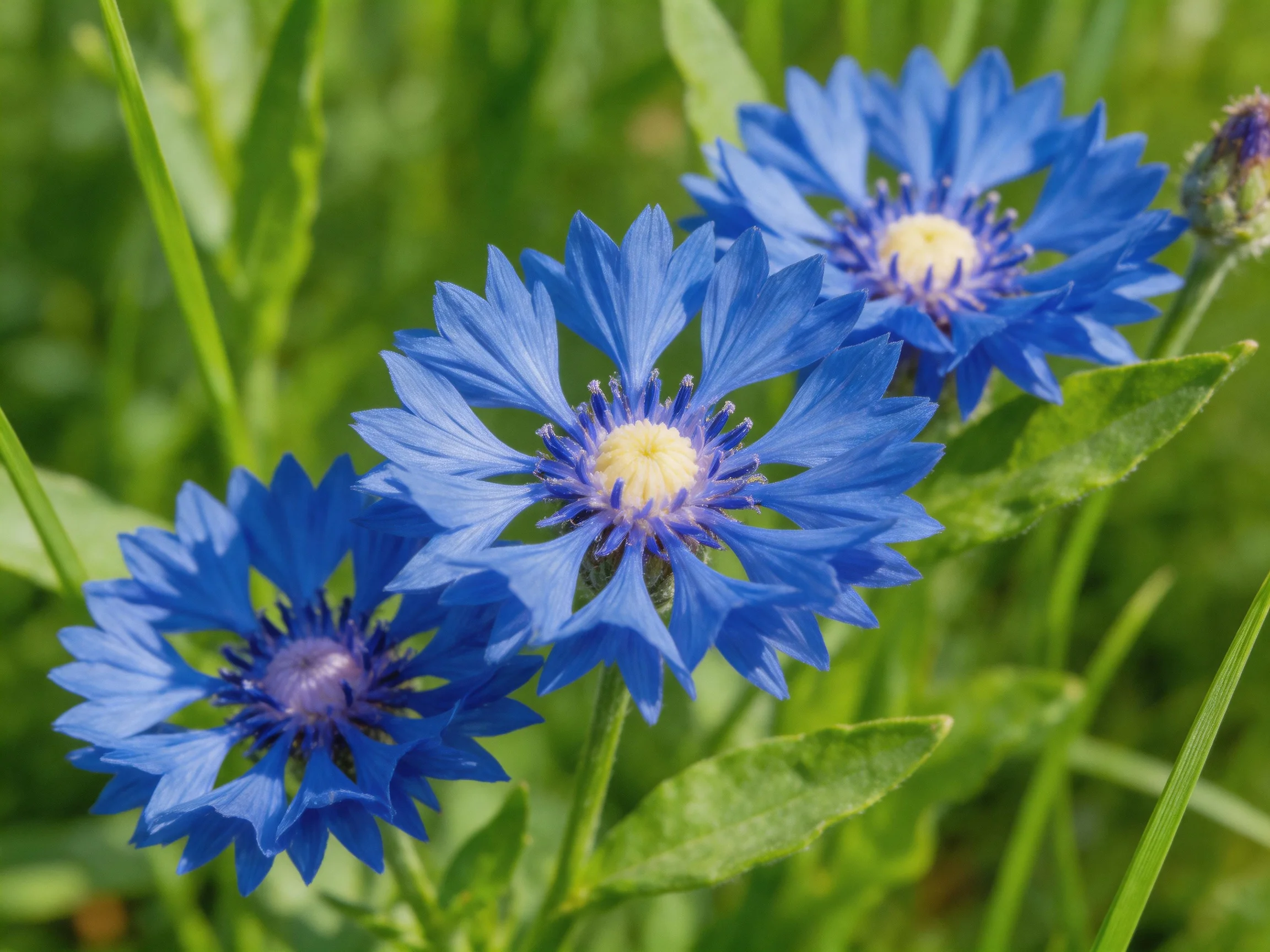 Three vibrant blue cornflowers bloom among lush green foliage