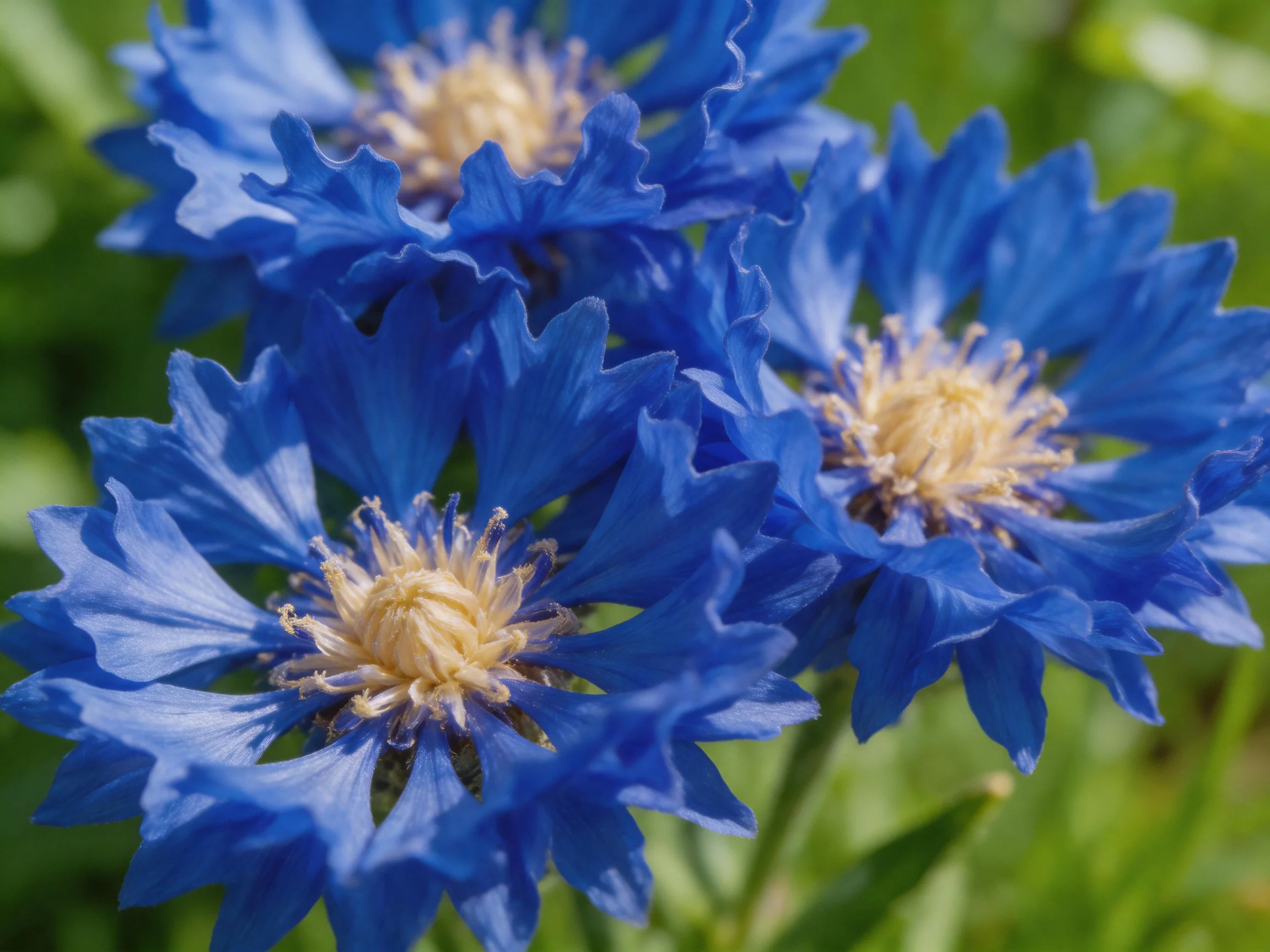 Three vibrant blue cornflowers with ruffled petals and yellow centers