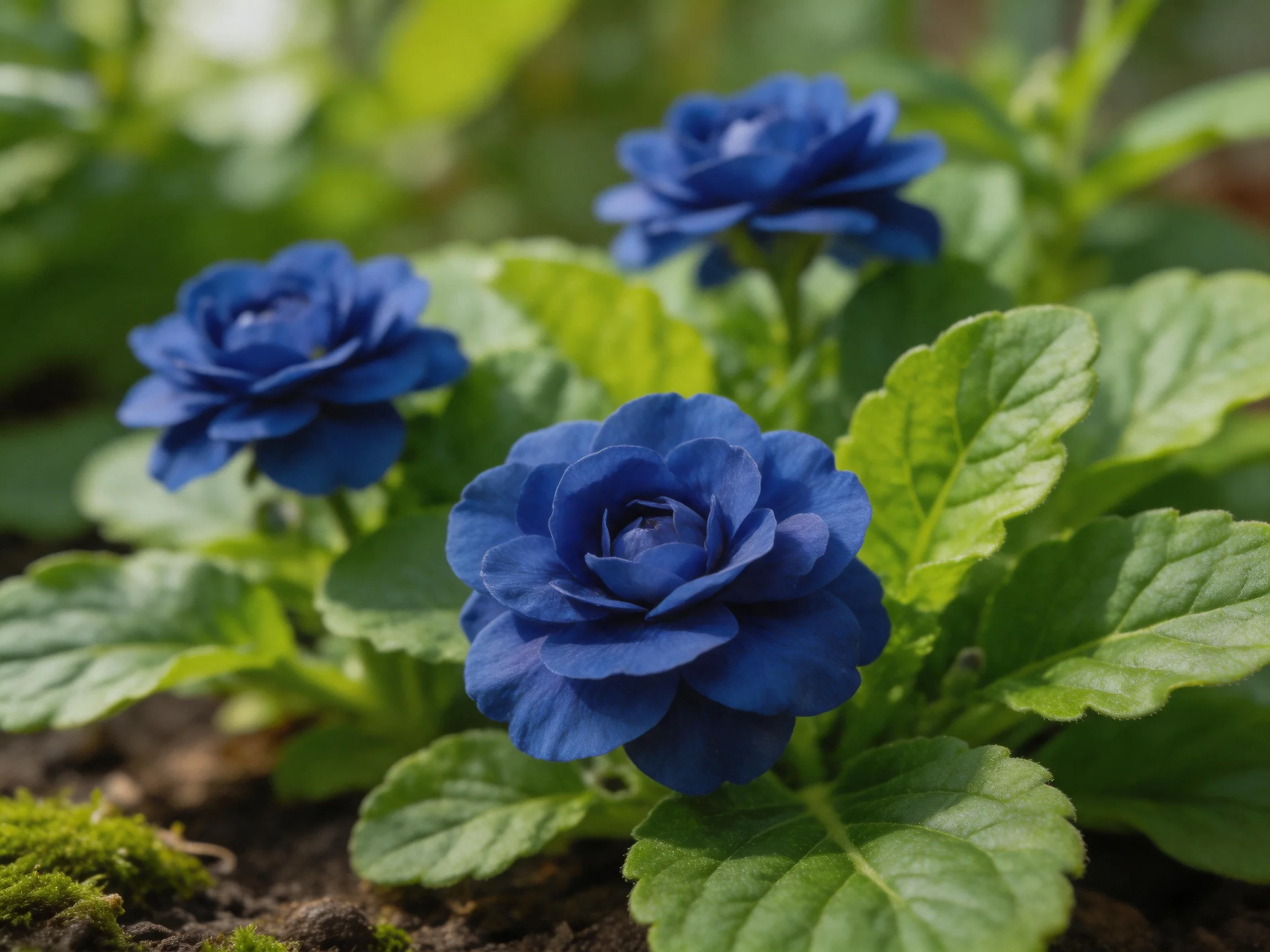 Three vibrant blue flowers bloom amid lush green foliage