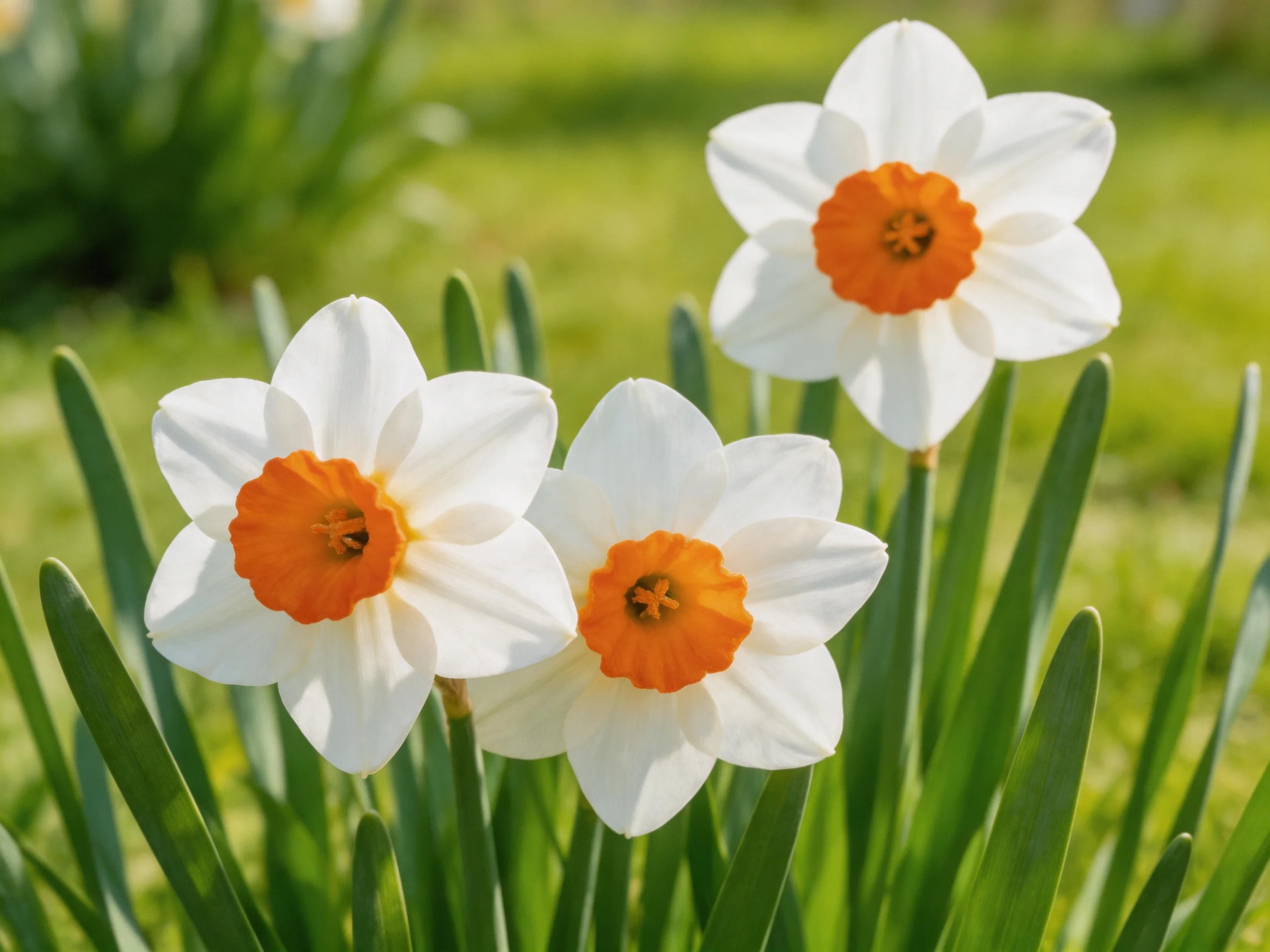 Three vibrant daffodils with white petals and orange centers bloom among green foliage