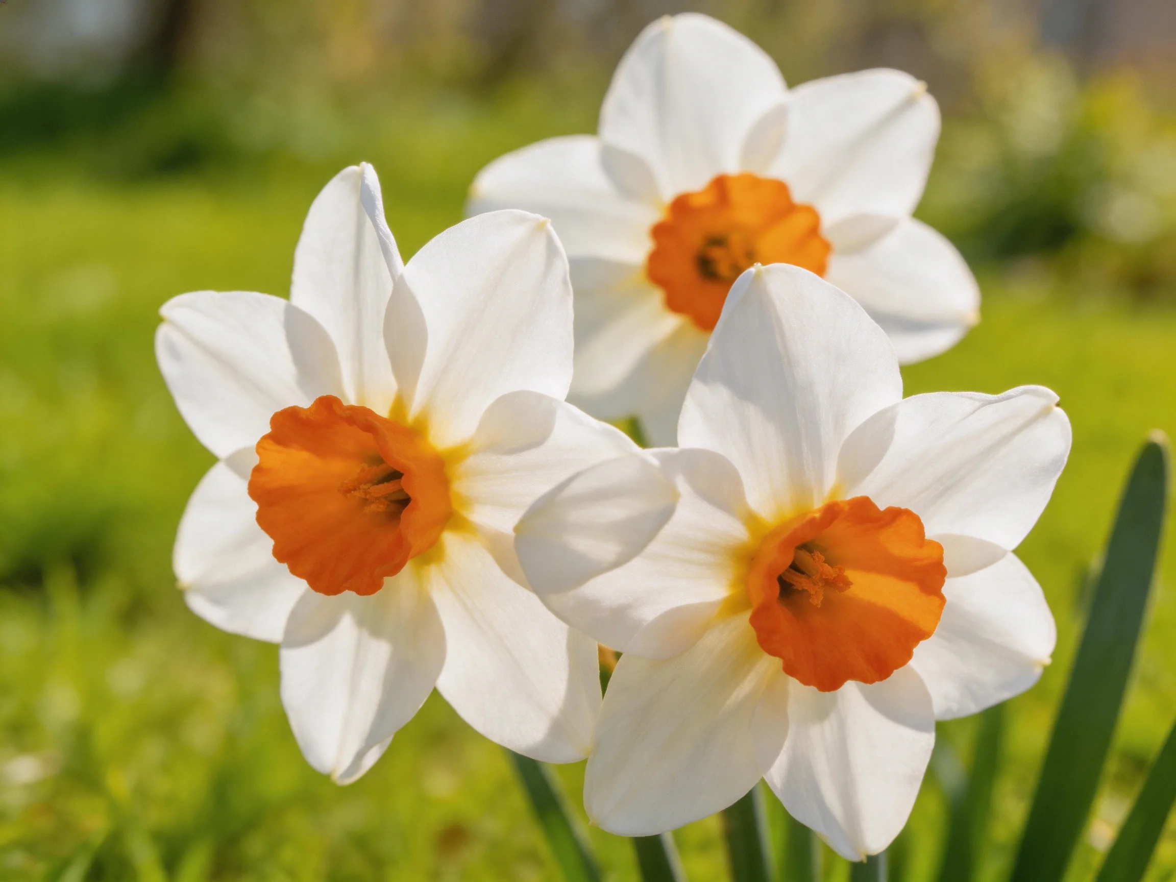 Three vibrant daffodils with white petals and orange centers bloom in a sunny garden