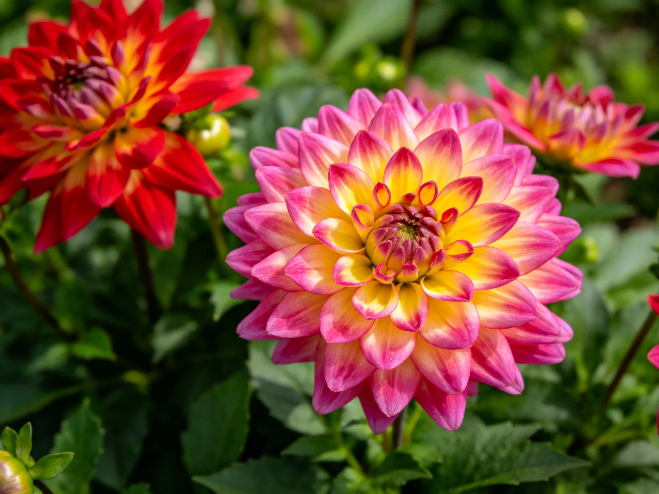 Three vibrant dahlia blooms in a lush green garden setting