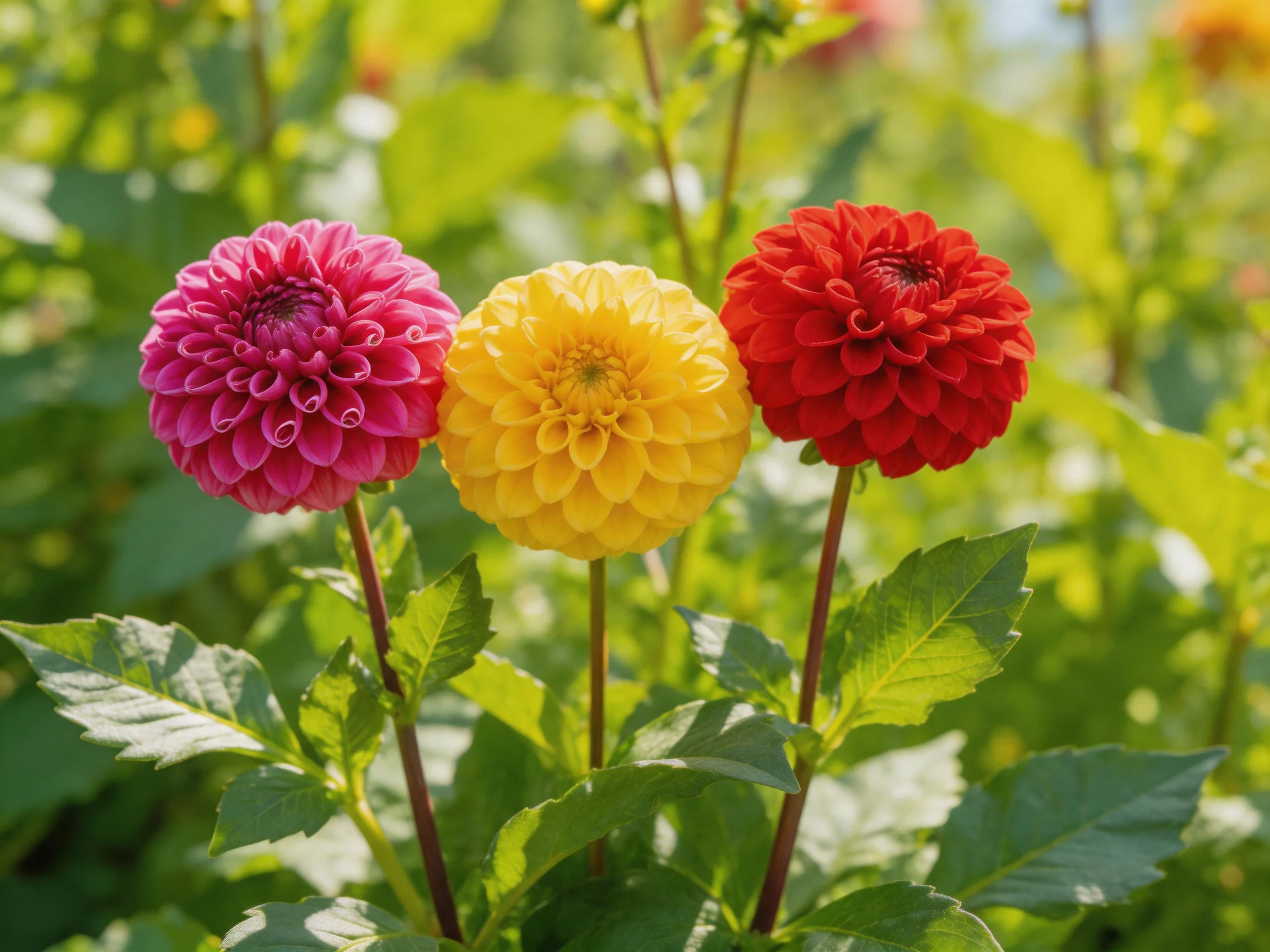 Three vibrant dahlia blooms in pink, yellow, and red hues