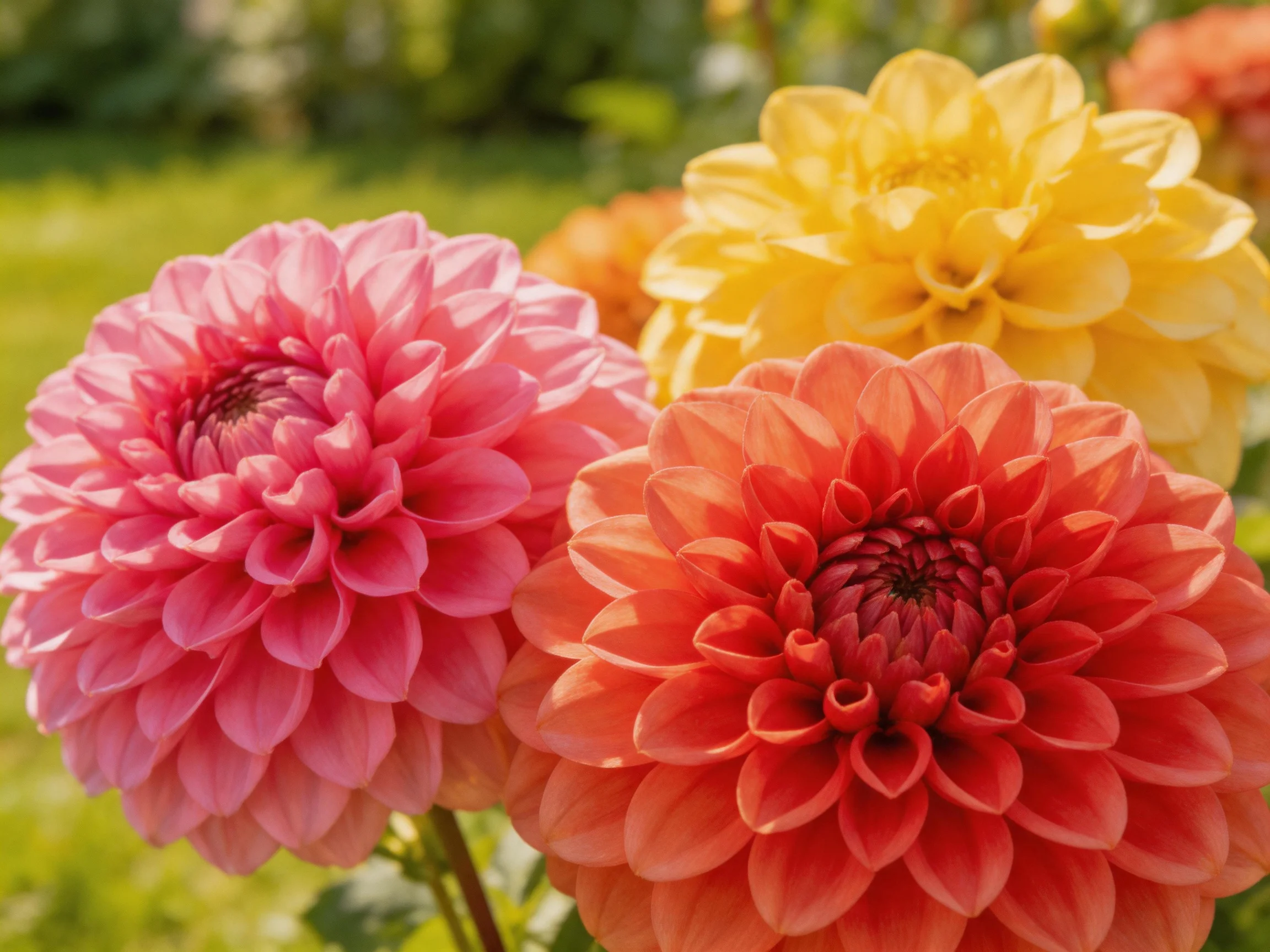 Three vibrant dahlias in pink, orange, and yellow bloom in a sunlit garden