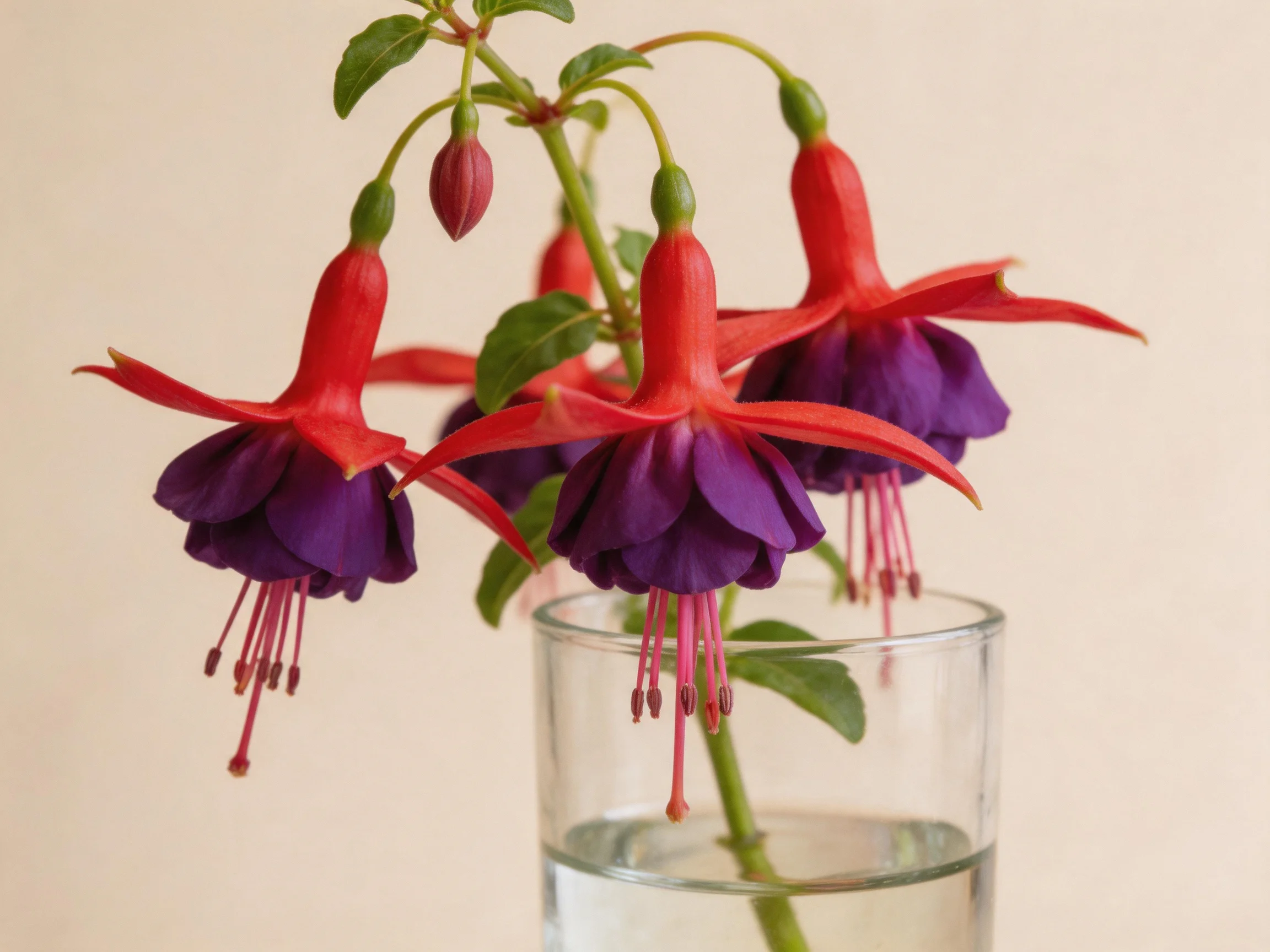 Three vibrant fuchsia flowers in a clear glass vase
