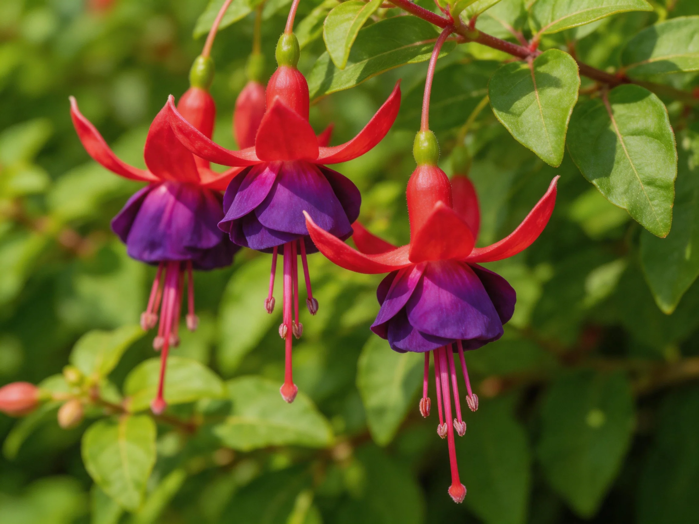 Three vibrant fuchsia flowers with red and purple petals hang among green foliage.