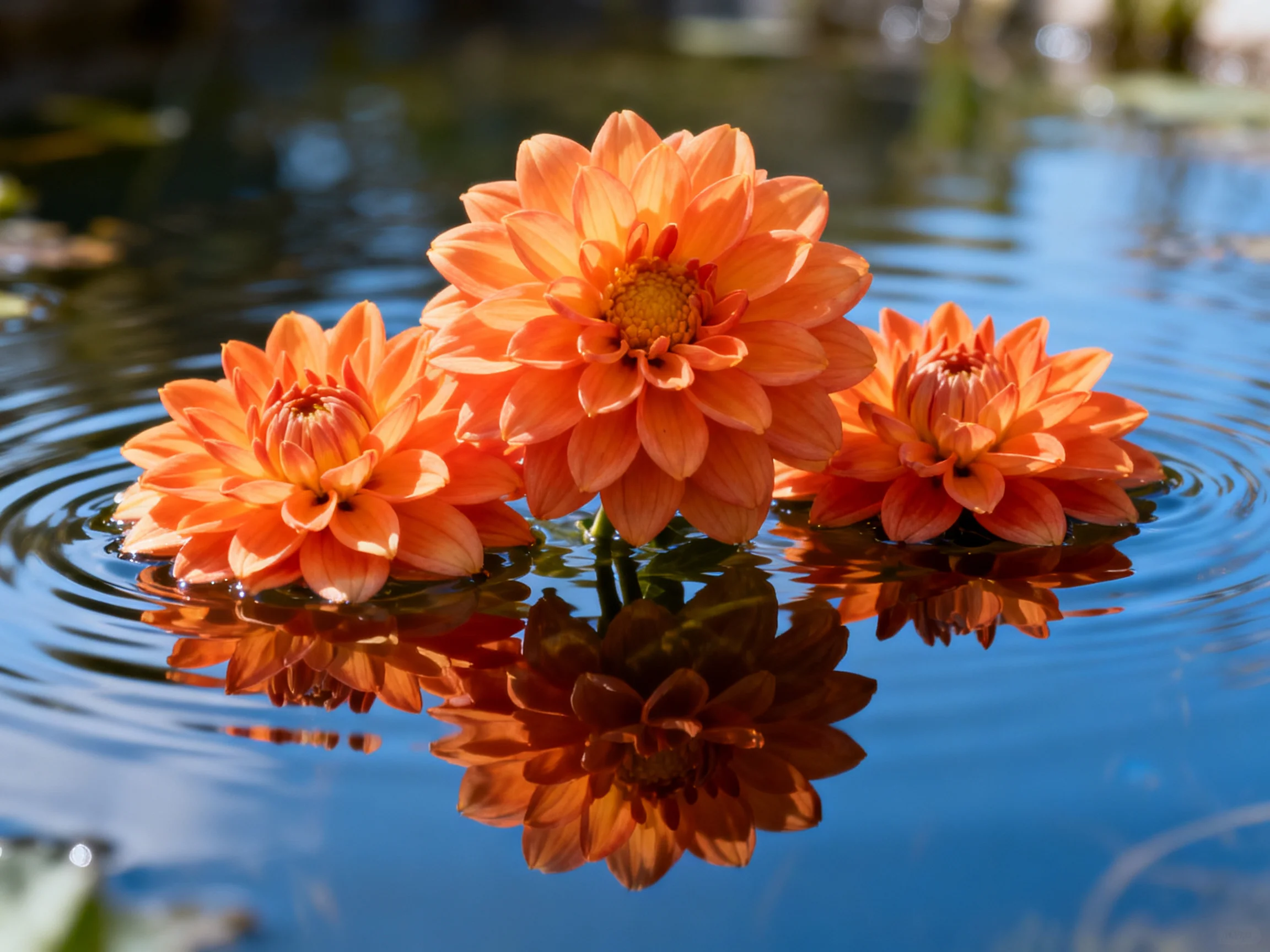Three vibrant orange dahlias float atop calm blue water
