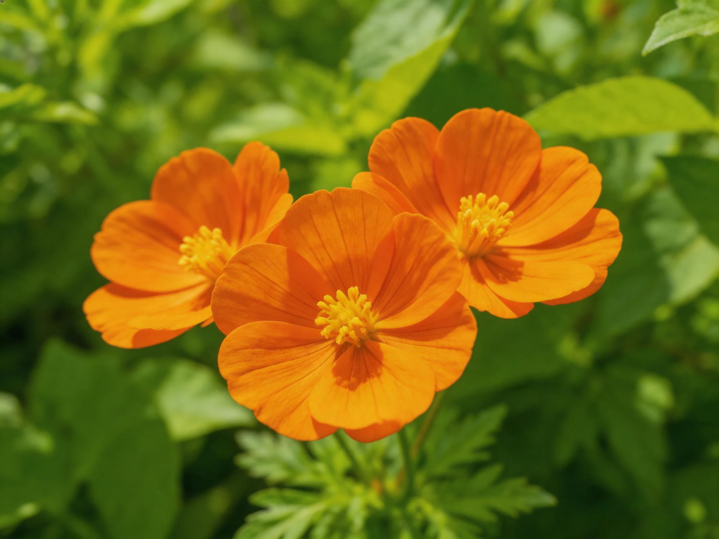 Three vibrant orange flowers bloom amid lush green foliage