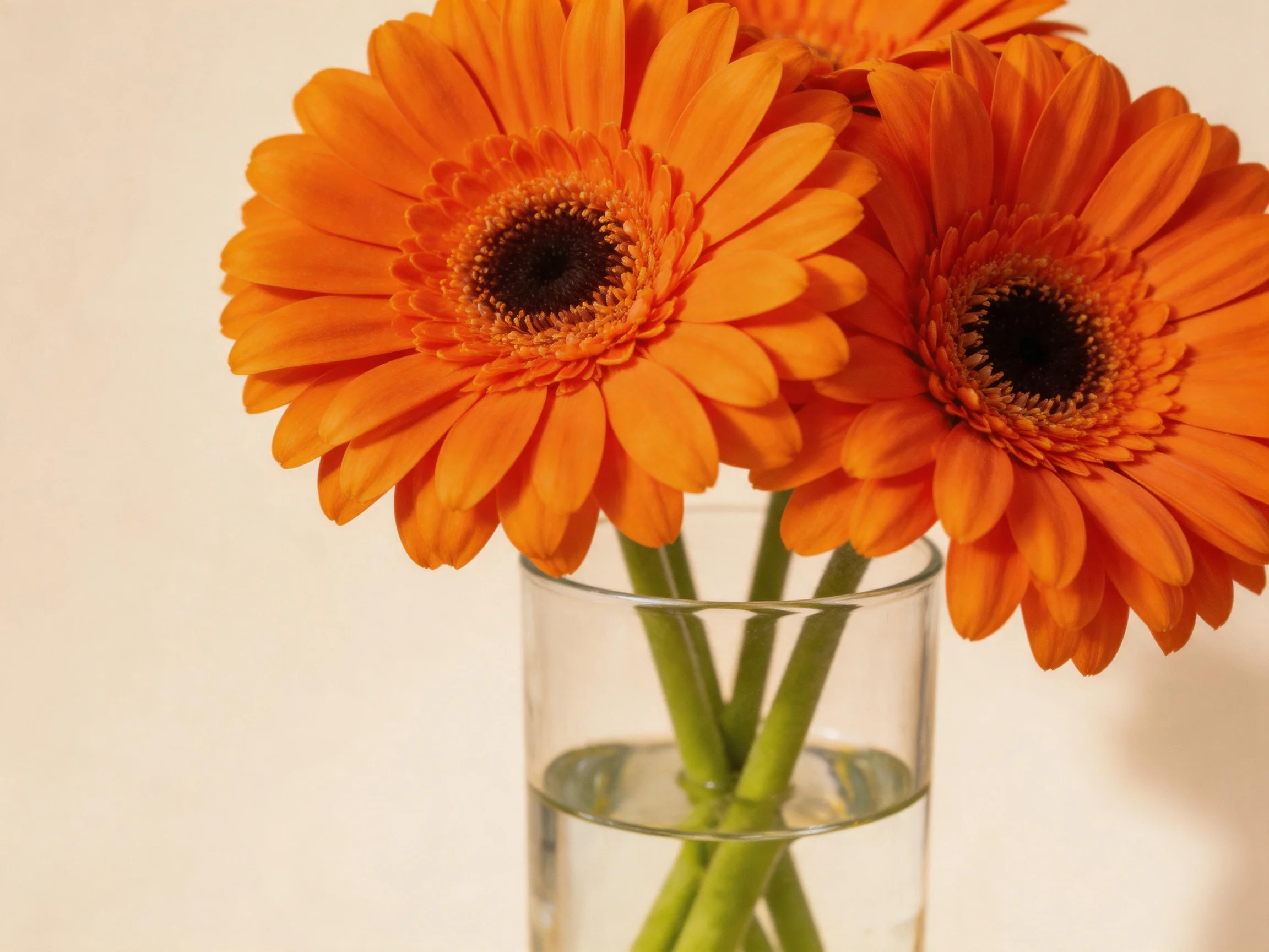 Three vibrant orange gerbera daisies in a clear glass vase