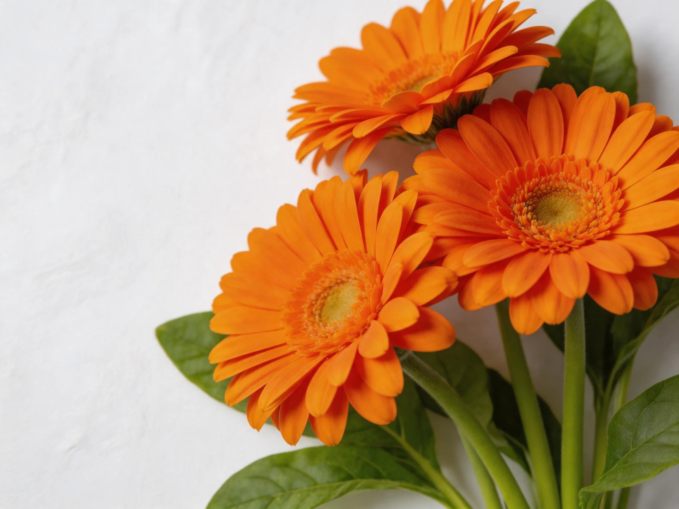 Three vibrant orange gerbera daisies with lush green leaves