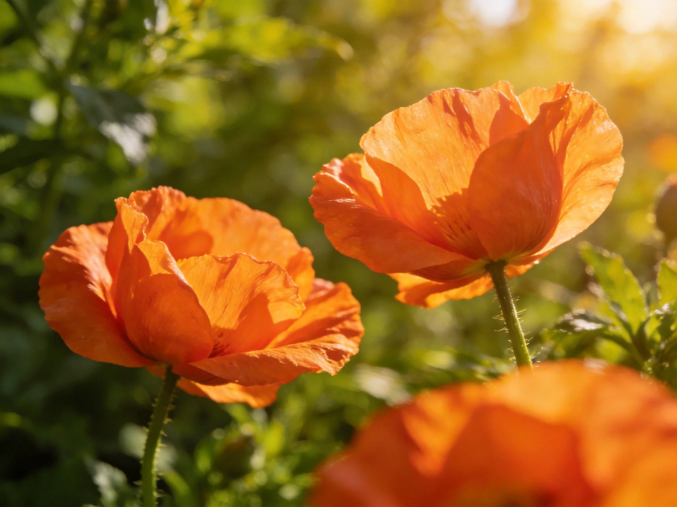 Three vibrant orange poppies bloom amid lush green foliage under golden sunlight