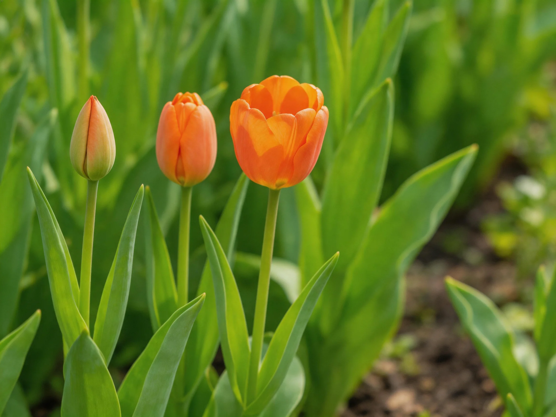 Three vibrant orange tulips amid lush green foliage
