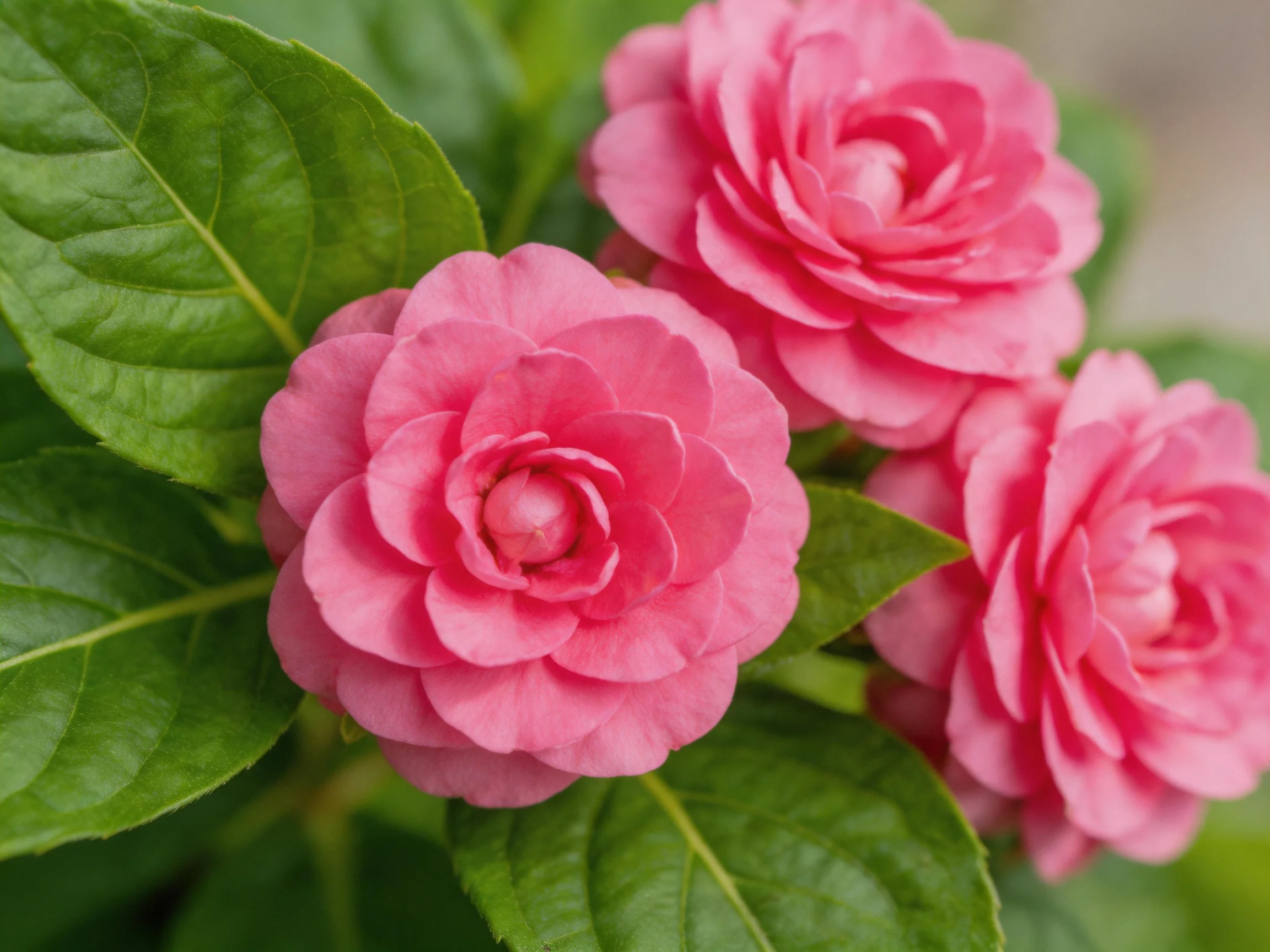 Three vibrant pink camellia blooms with glossy green leaves