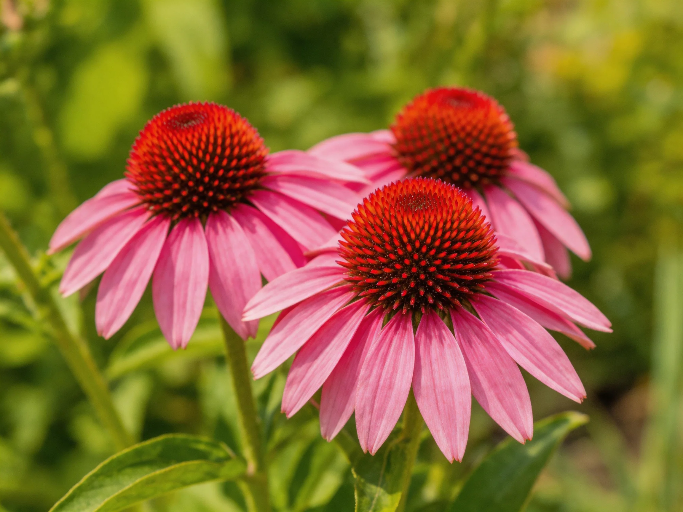 Three pink coneflowers with red centers stand out against a lush green backdrop.
