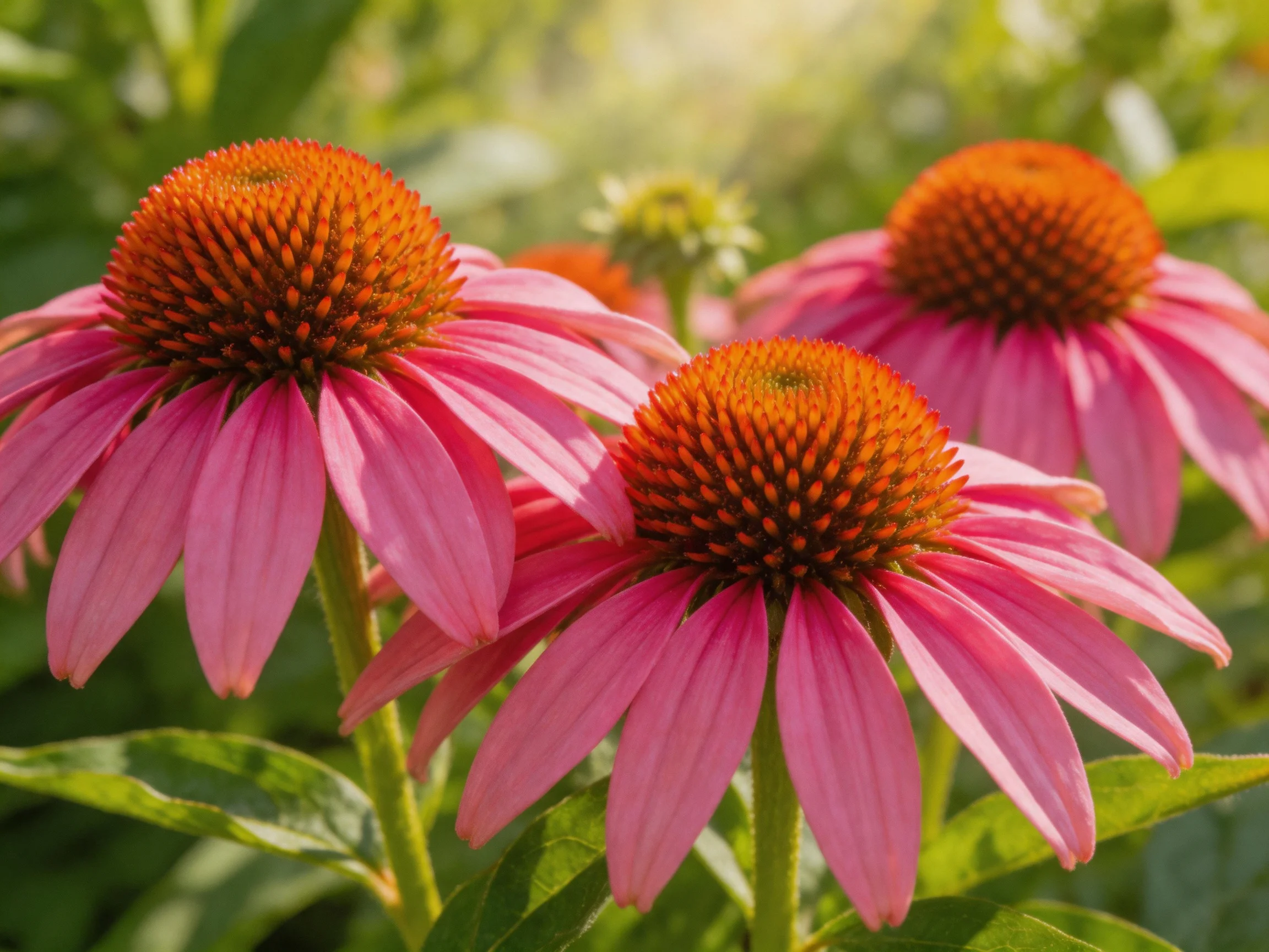 Three vibrant pink coneflowers with orange centers bloom in a sunlit garden