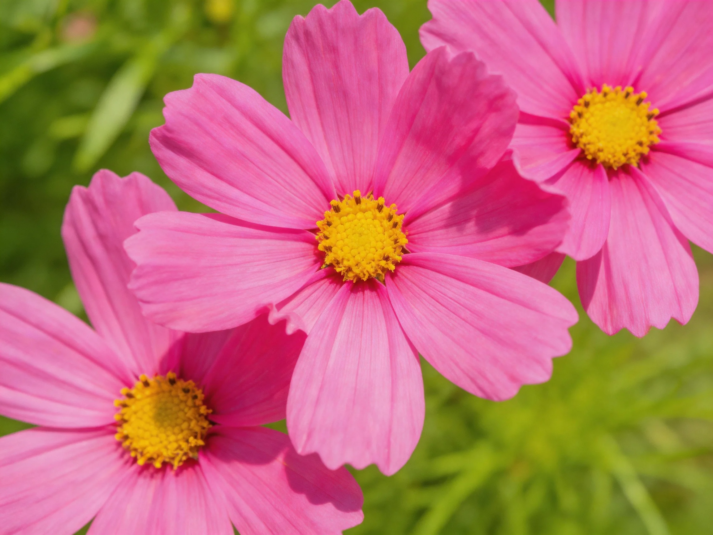 Three vibrant pink cosmos flowers with bright yellow centers