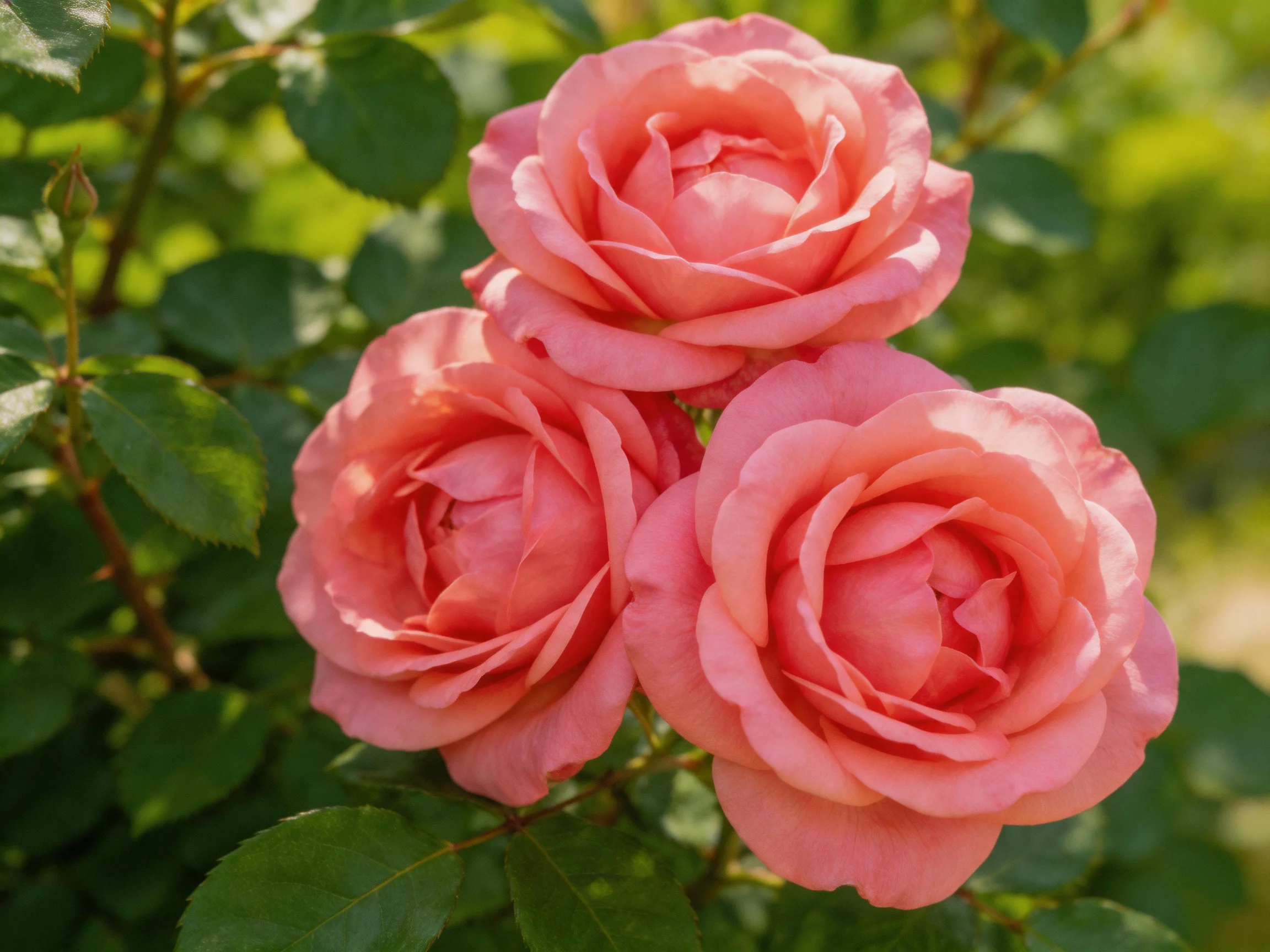 Three vibrant pink roses bloom amid lush green foliage