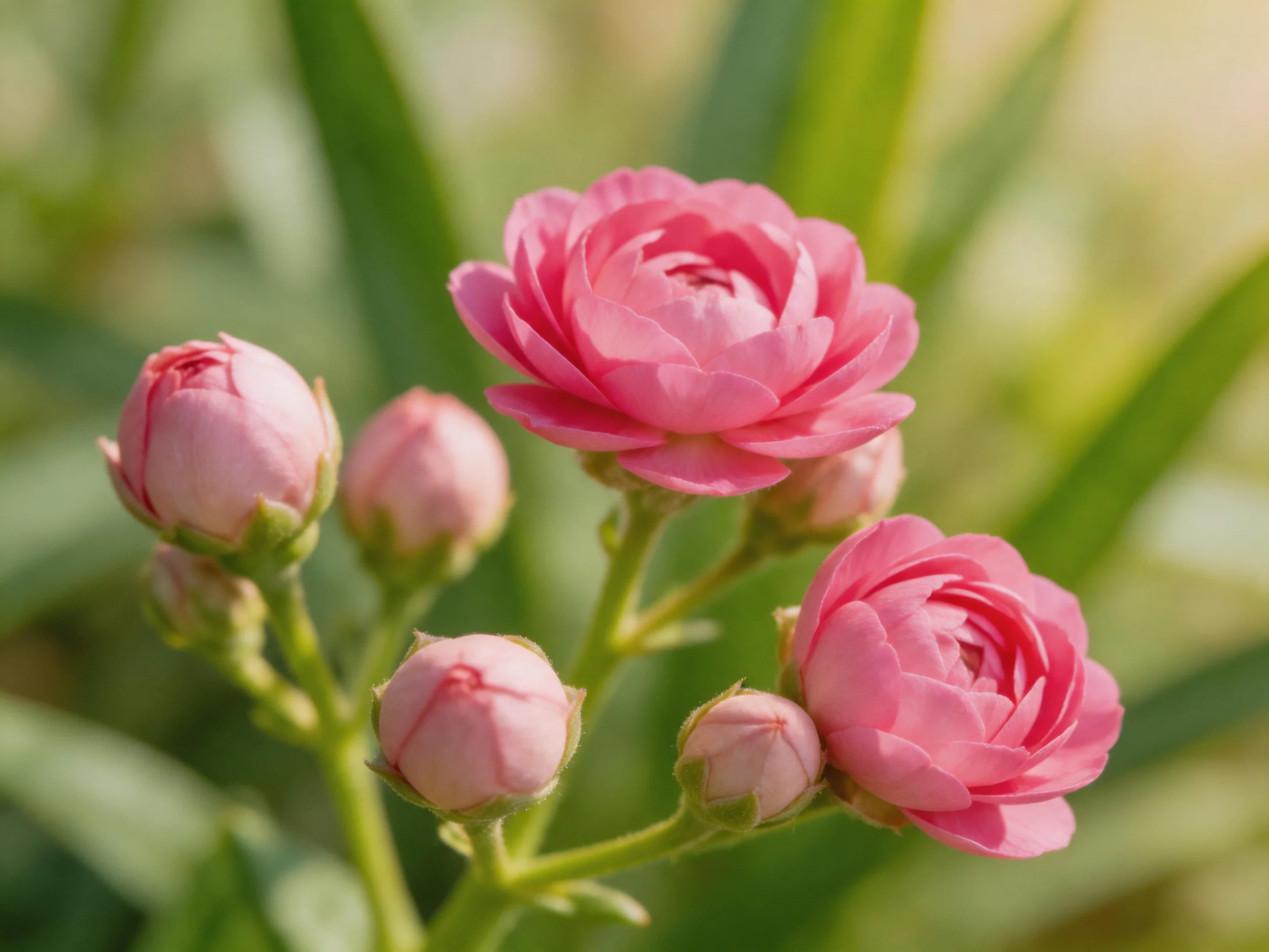 Three vibrant pink roses bloom among several unopened buds with green foliage