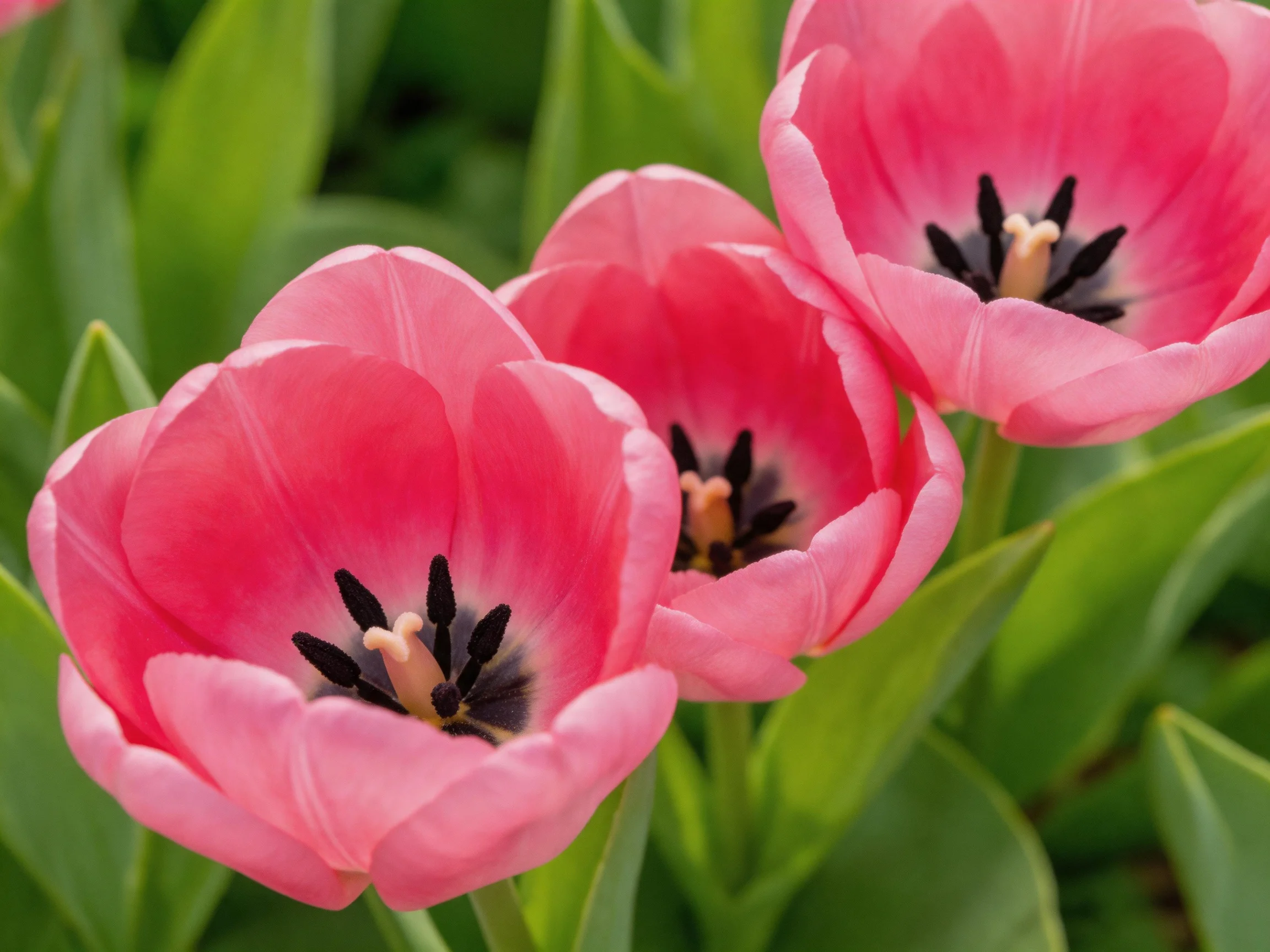 Three vibrant pink tulips with dark centers amidst lush green foliage