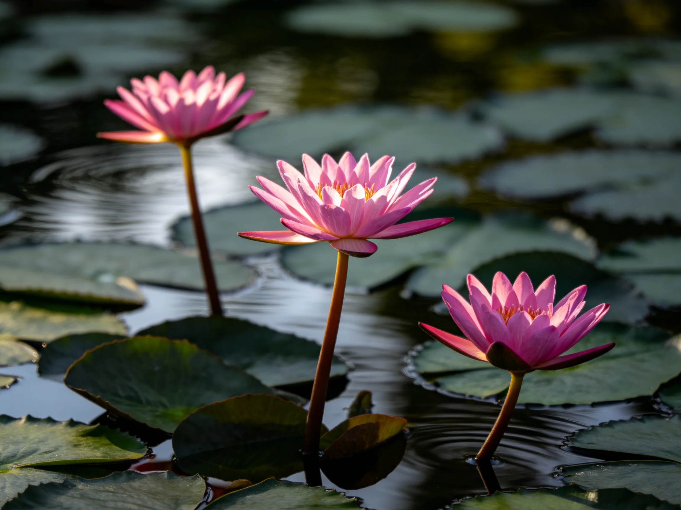 Three vibrant pink water lilies bloom among dark green lily pads in calm water