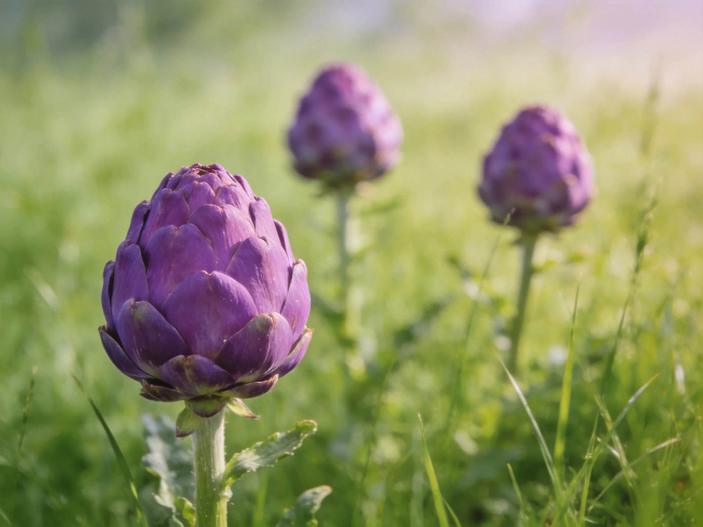 Three vibrant purple artichoke blooms in a sunlit meadow