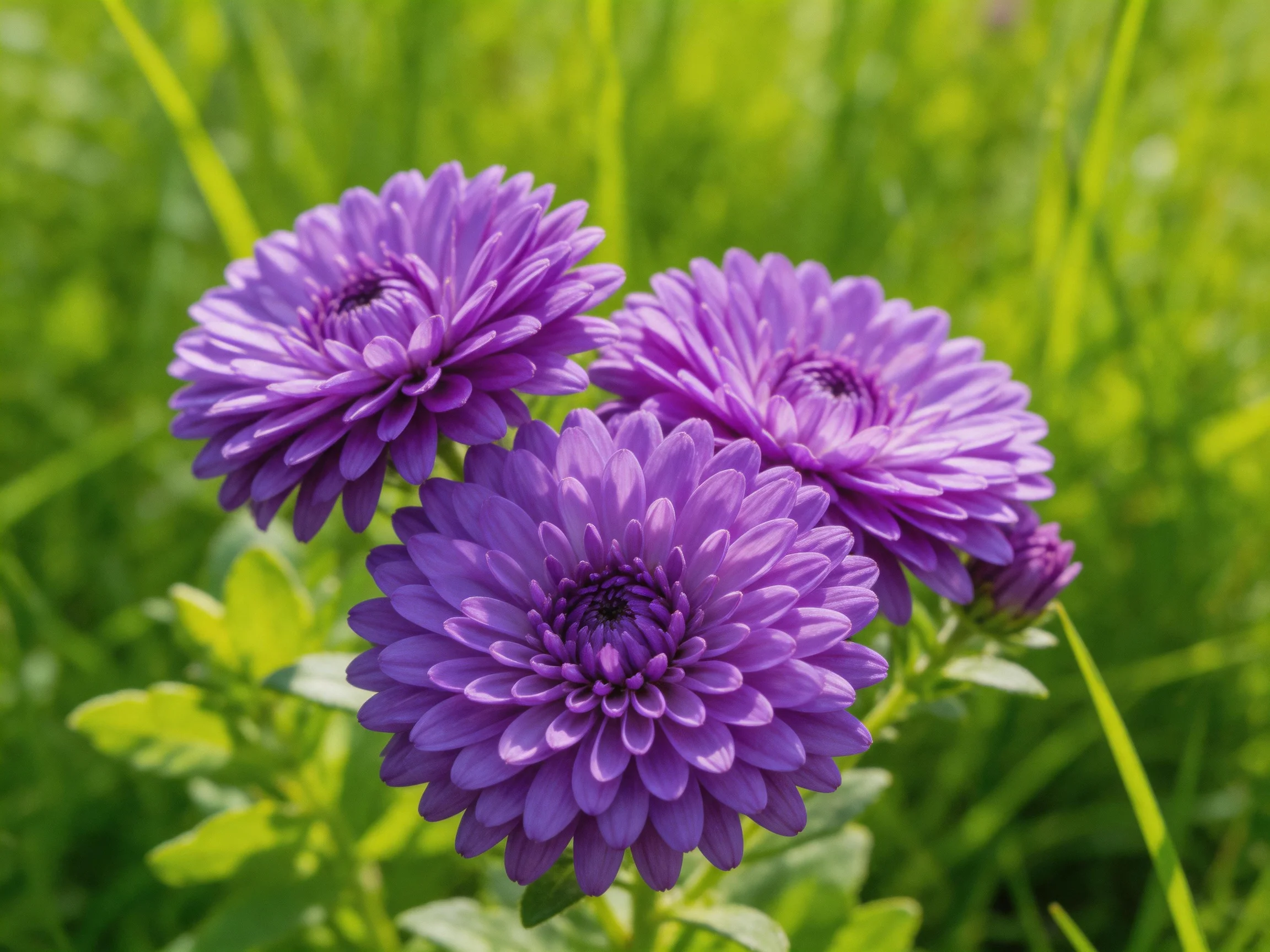 Three vibrant purple aster blooms among lush green foliage