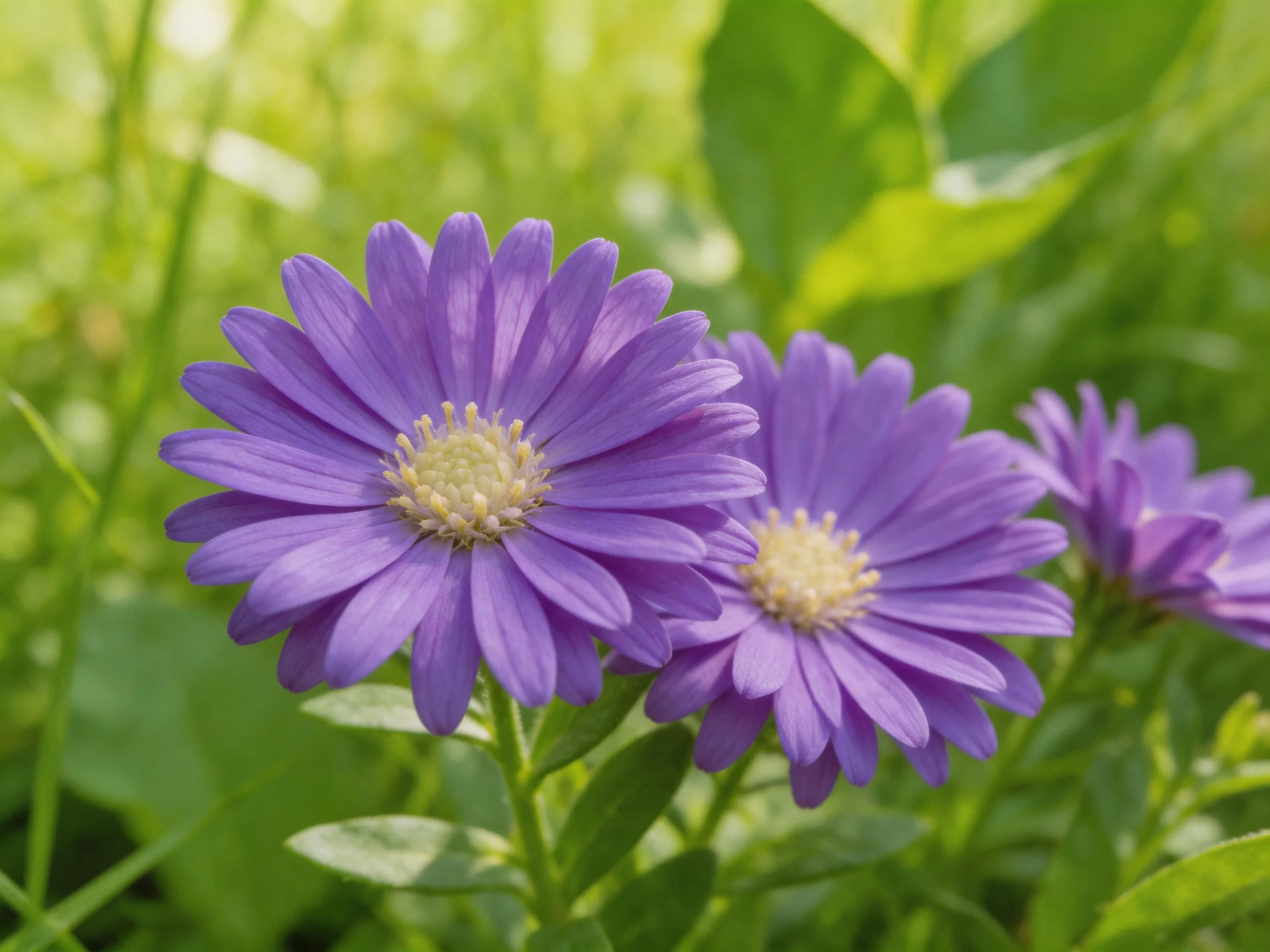 Three vibrant purple aster flowers bloom among lush green foliage