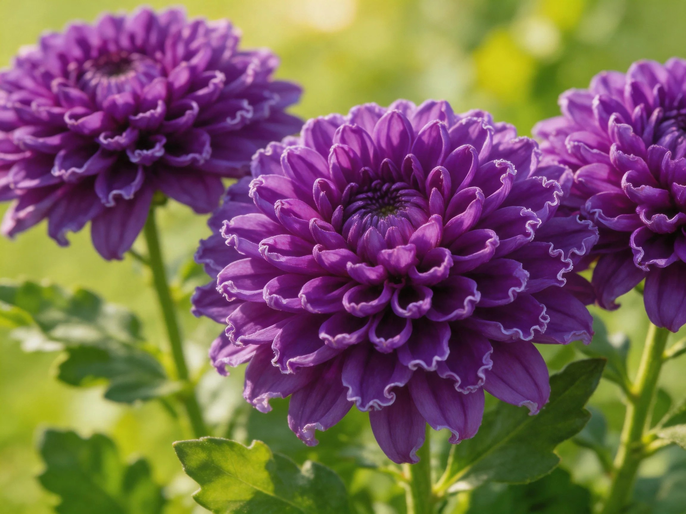 Three vibrant purple chrysanthemums with ruffled petals