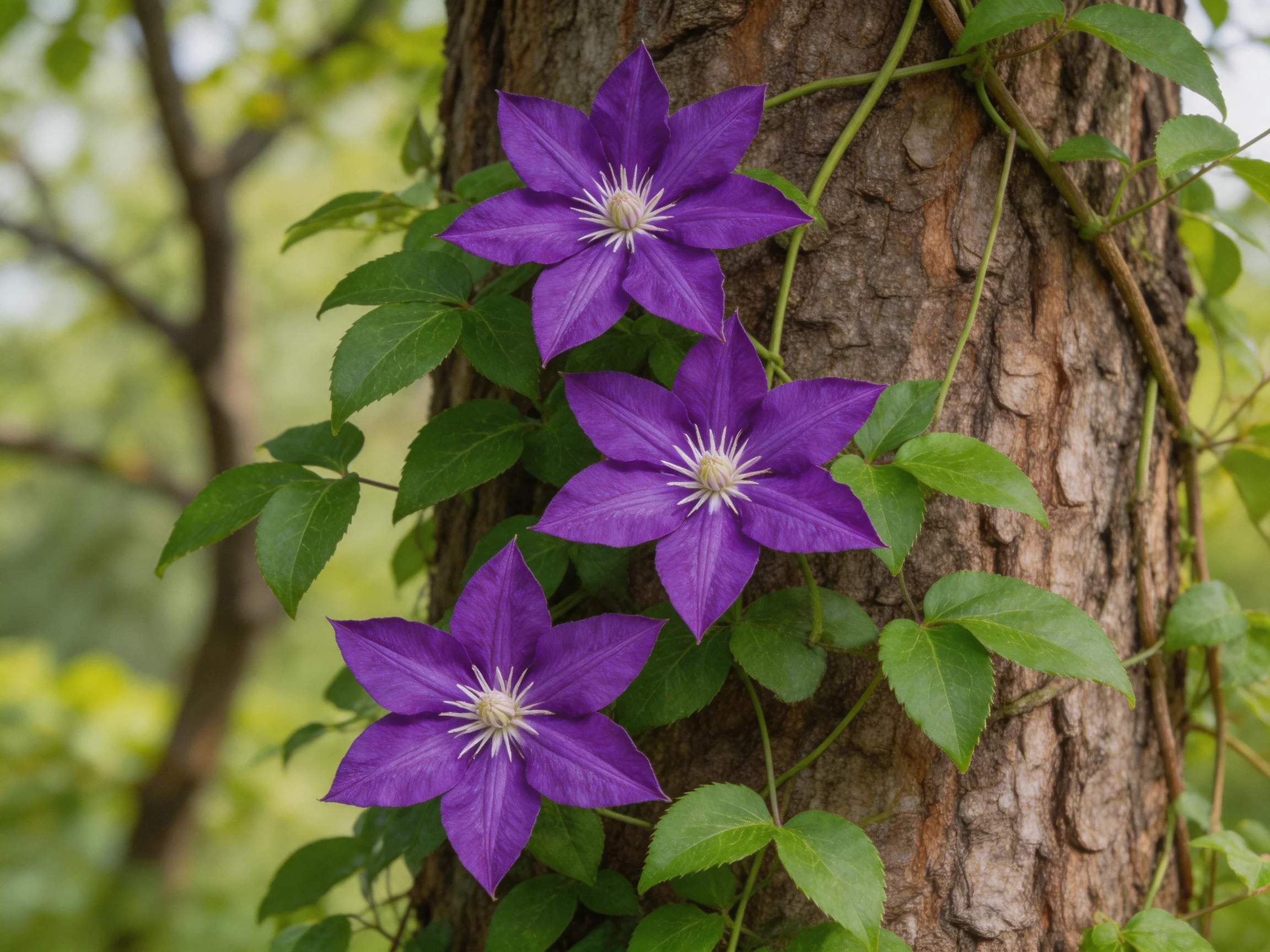 Three vibrant purple clematis flowers climb a textured tree trunk